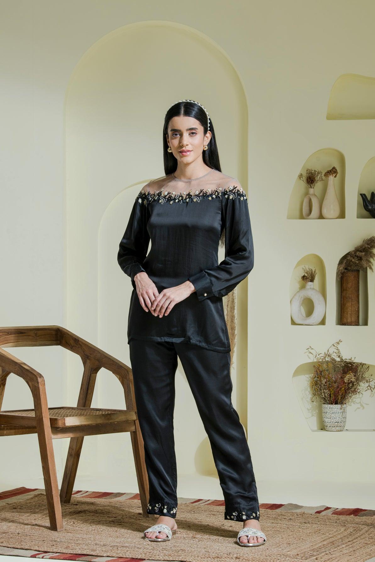 Black Hand Embroidered Co ord set for women