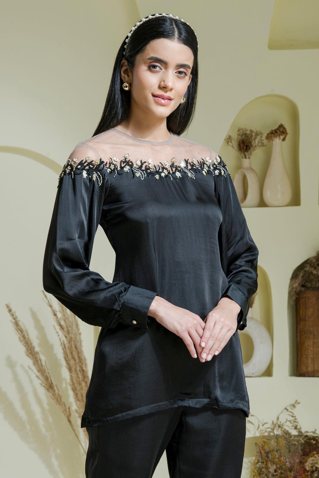 Black_Hand_Embroidered_Satin_Shirt side view