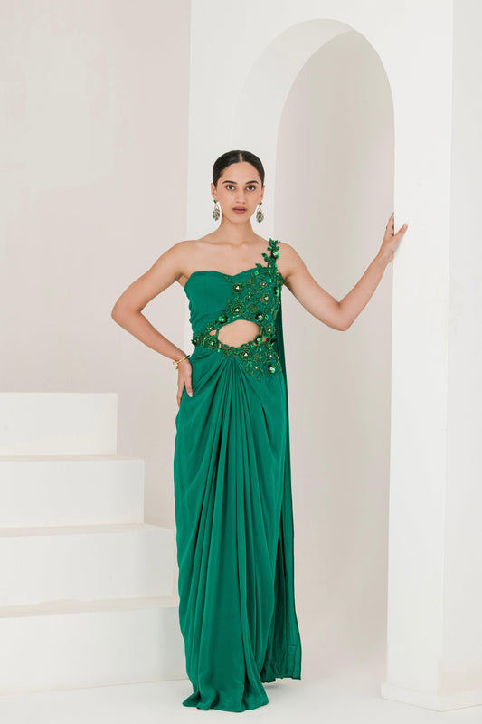 Bottle Green Hand Embroidered Pre Stitched Saree