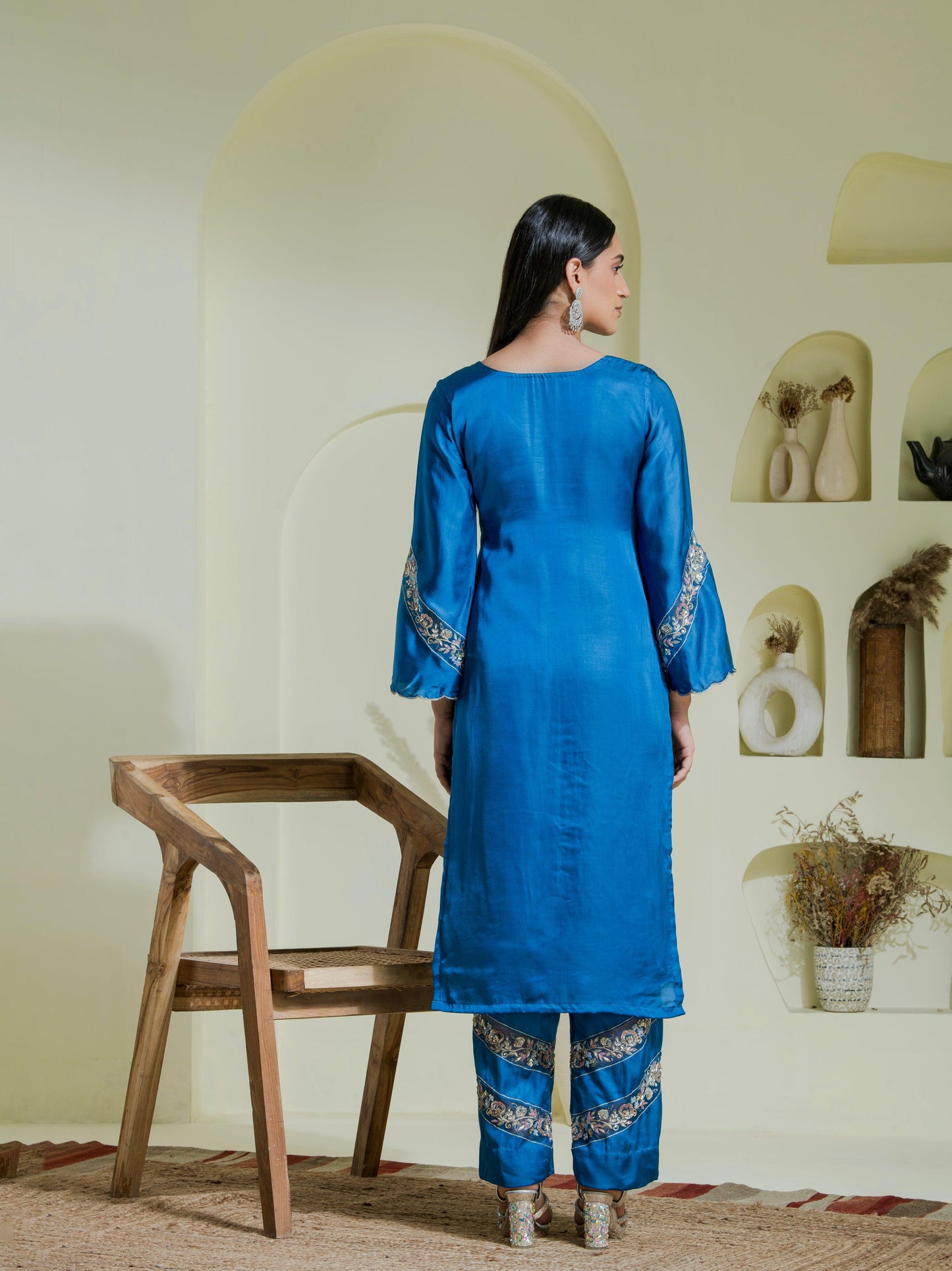 Cobalt Blue Hand Embroidered Kurta Set backview
