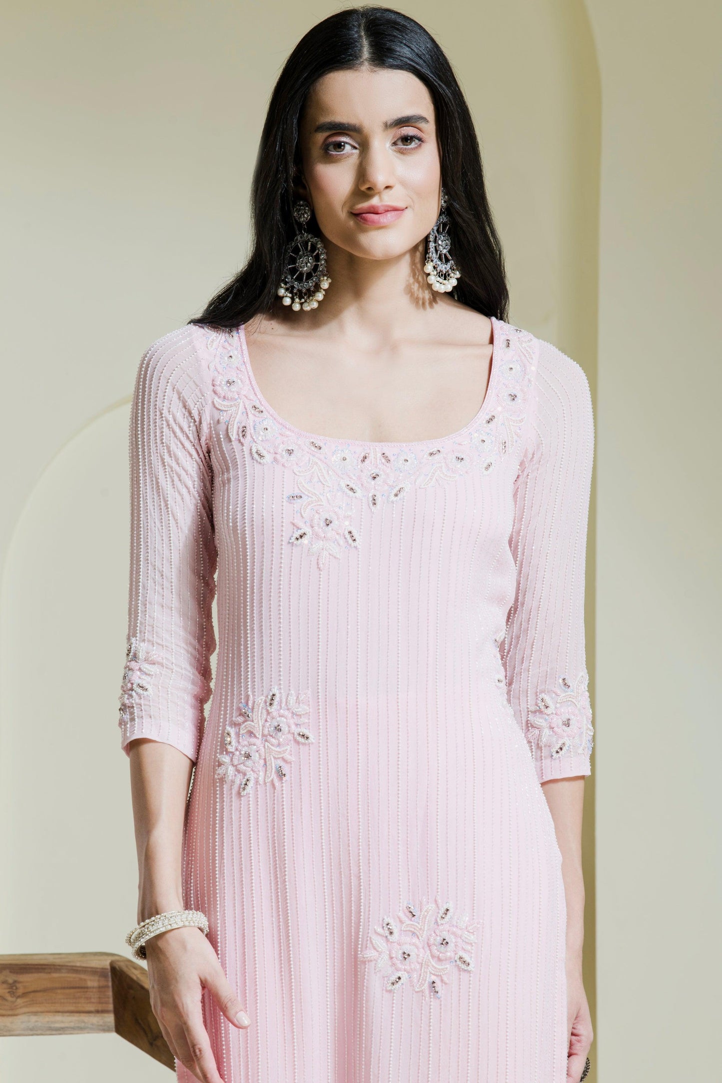 Baby Pink Hand Embroidered three Georgette Kurta Set ( Set of 3 ) - Maive Fashion