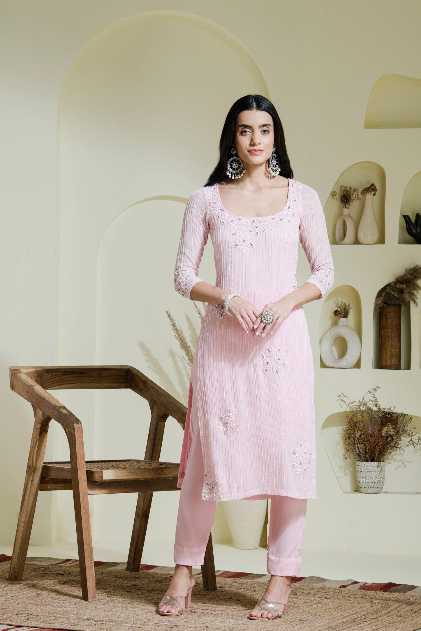 Baby Pink Hand Embroidered three Georgette Kurta Set ( Set of 3 ) - Maive Fashion