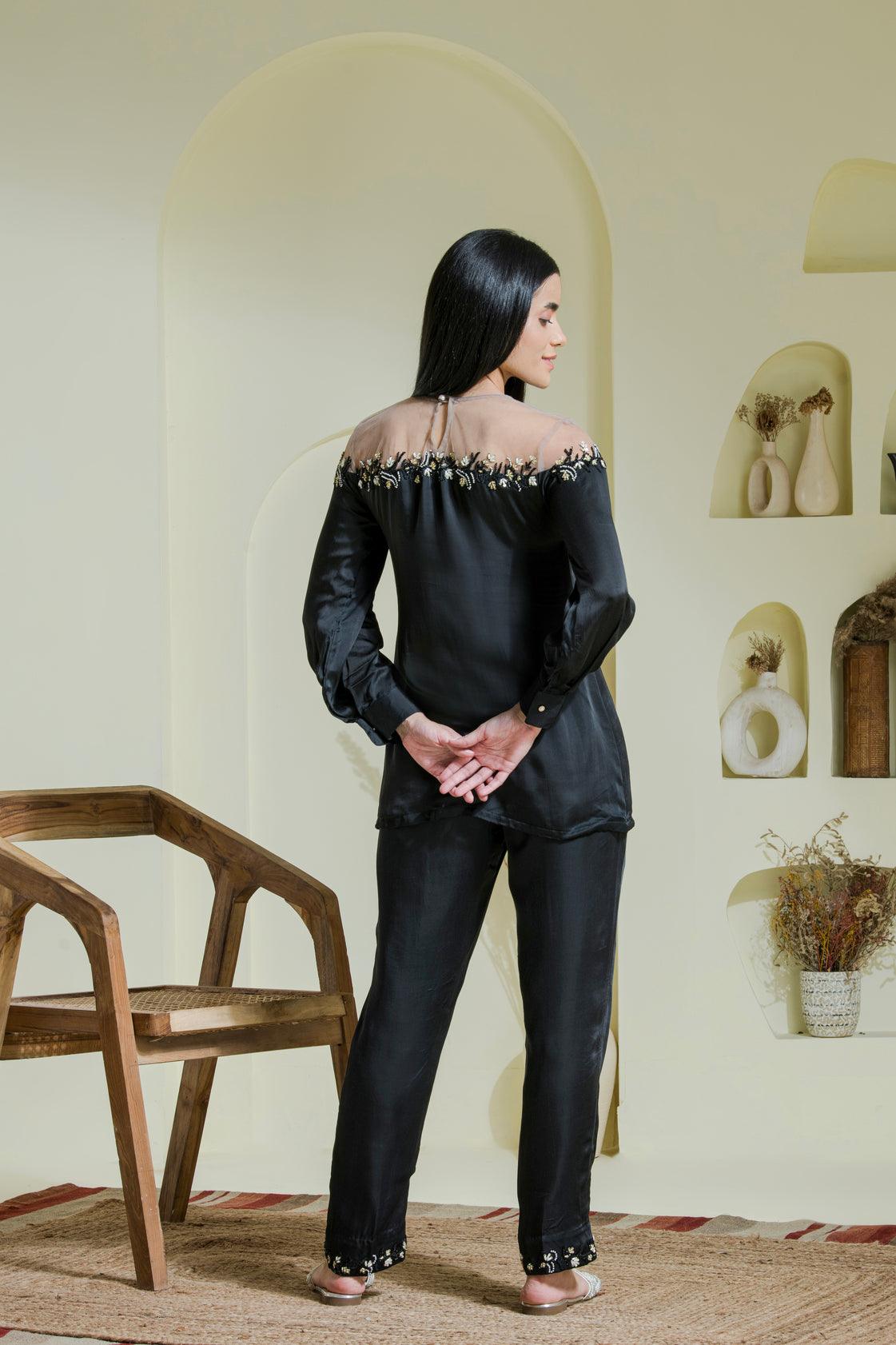 Designer Black_Hand_Embroidered_Satin_Shirt back view
