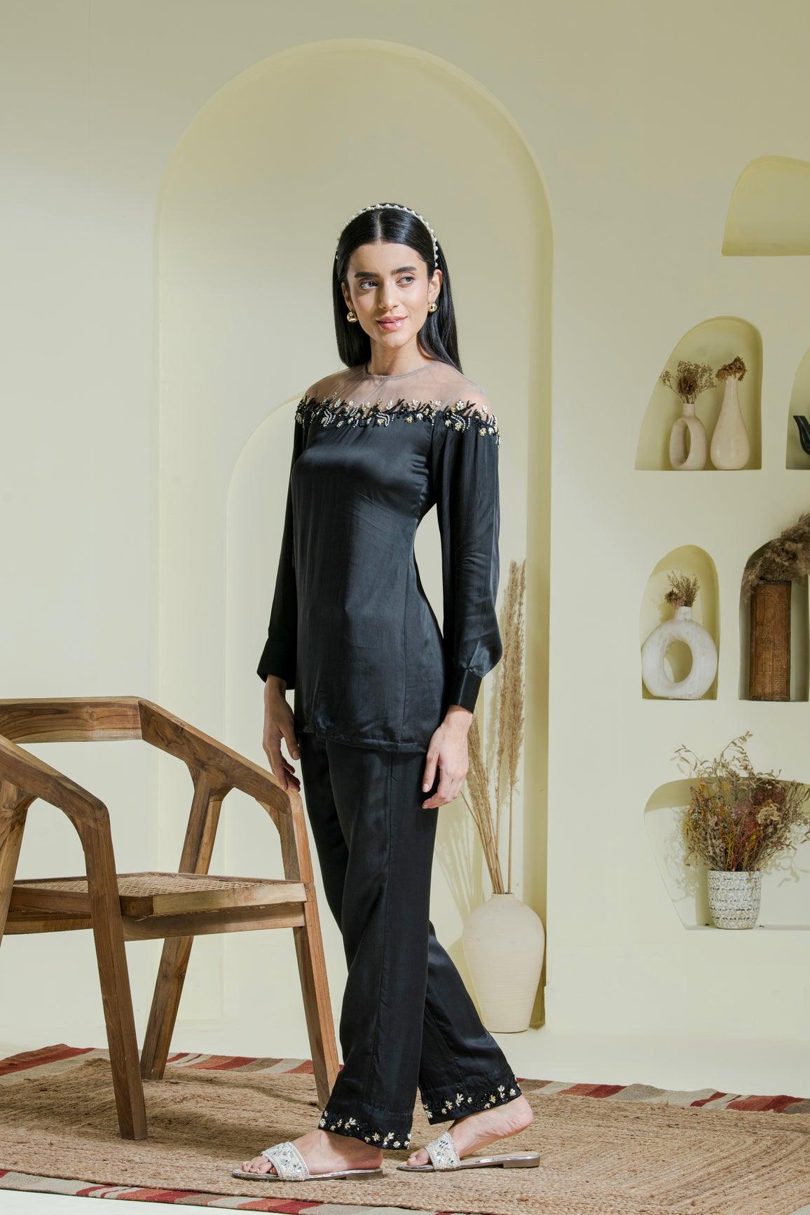 Designer Black_Hand_Embroidered_Satin_Shirt side view