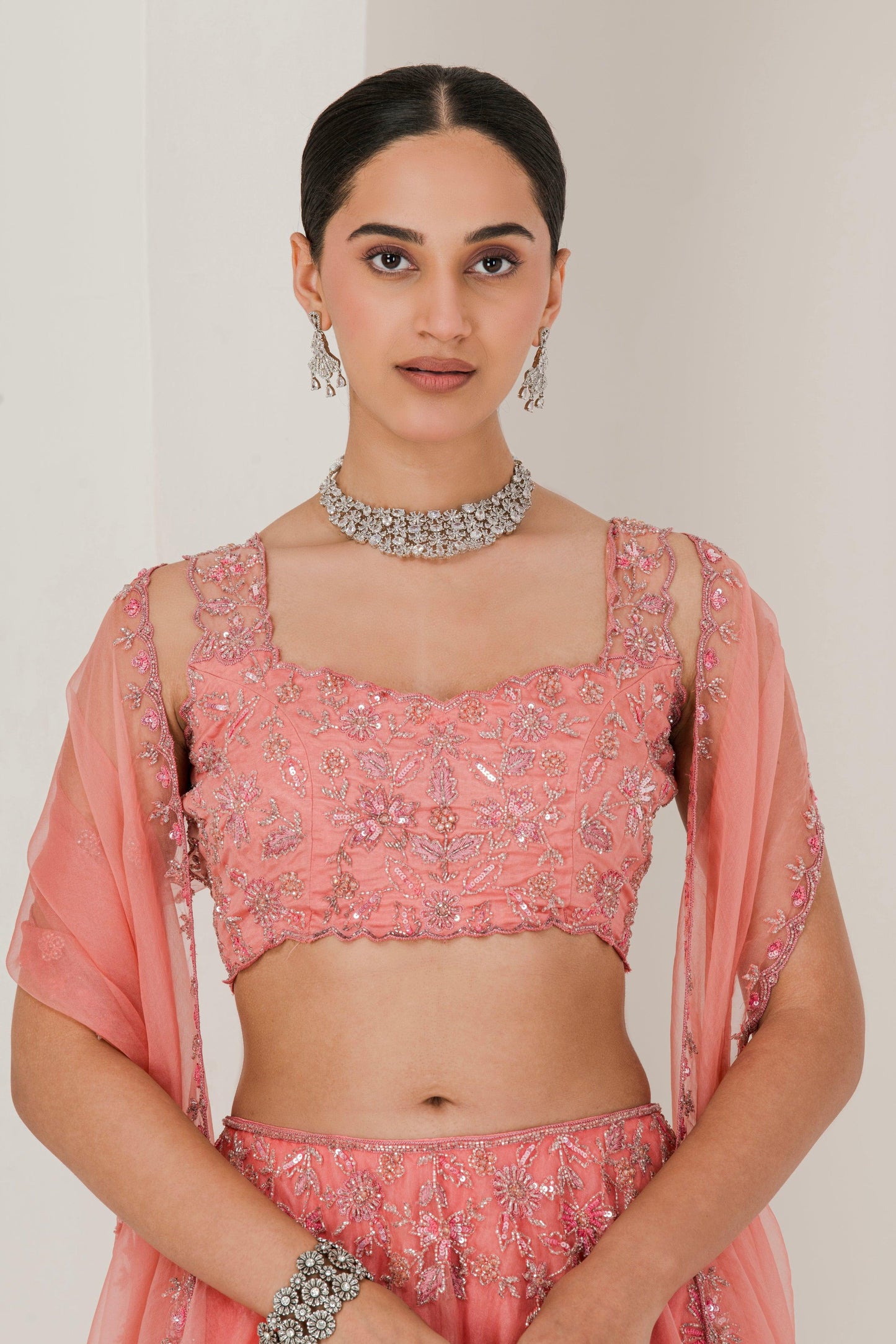 Designer Dusty Pink Hand Embroidered Organza Lehenga for women front view