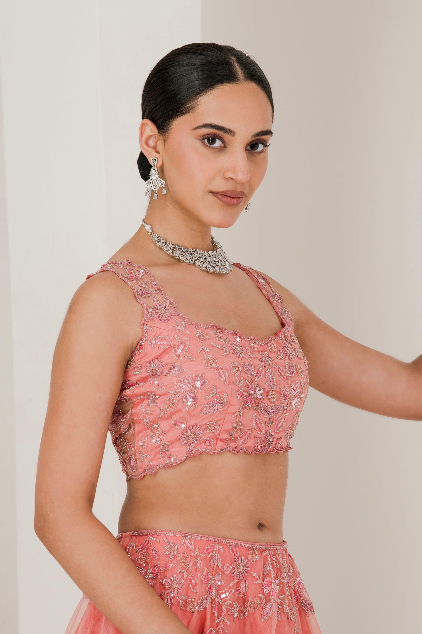 Designer Dusty Pink Hand Embroidered Organza Lehenga for women side view