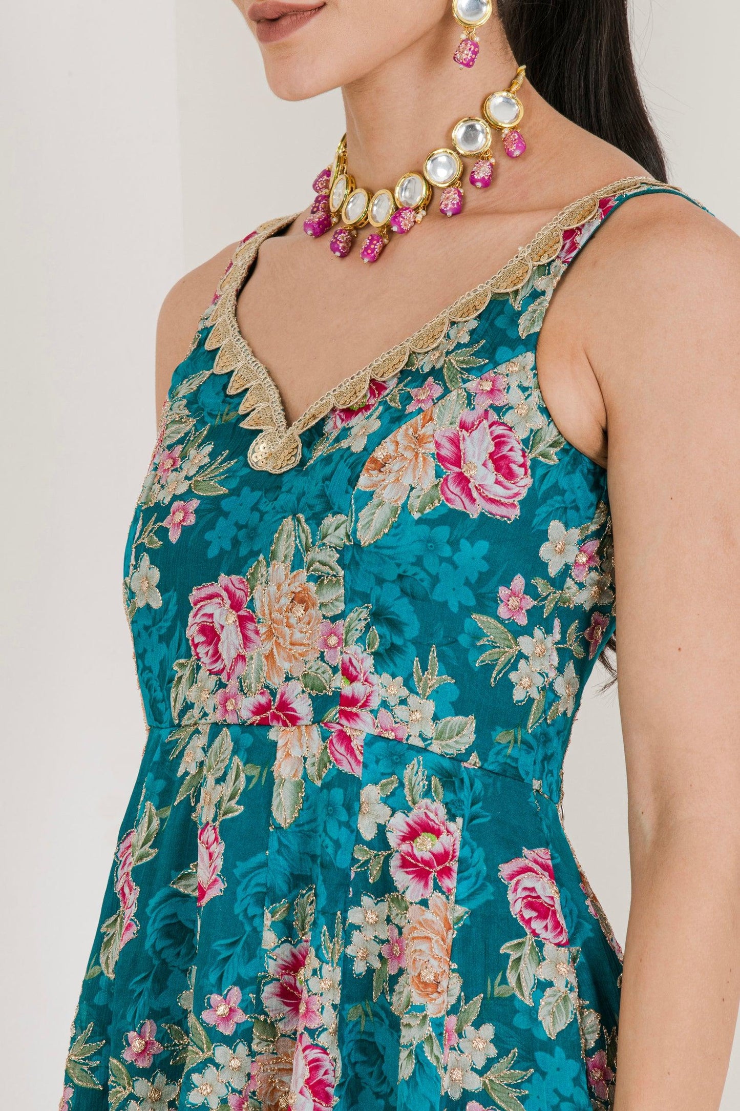 Designer Green Floral Print Anarkali side view