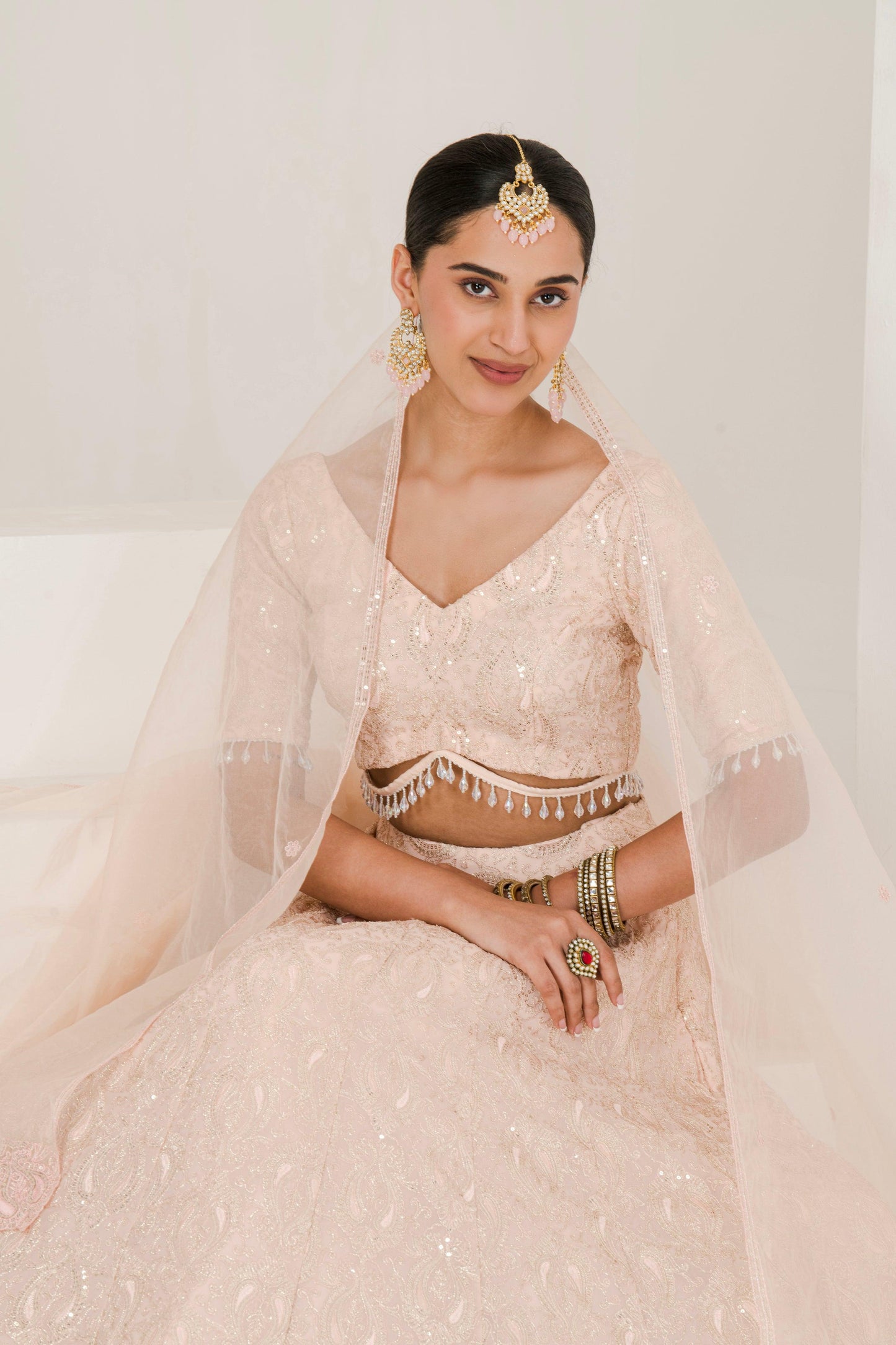 Designer Peach Chikankari Lehenga Set for women front-view