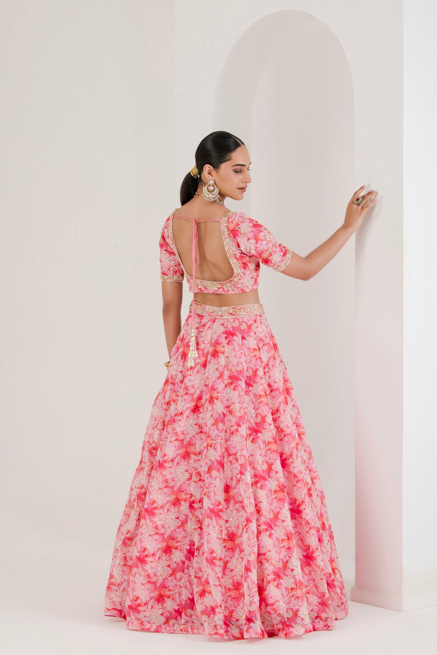 Designer Pink Floral Print Hand Embroidered Lehenga Set for women back view