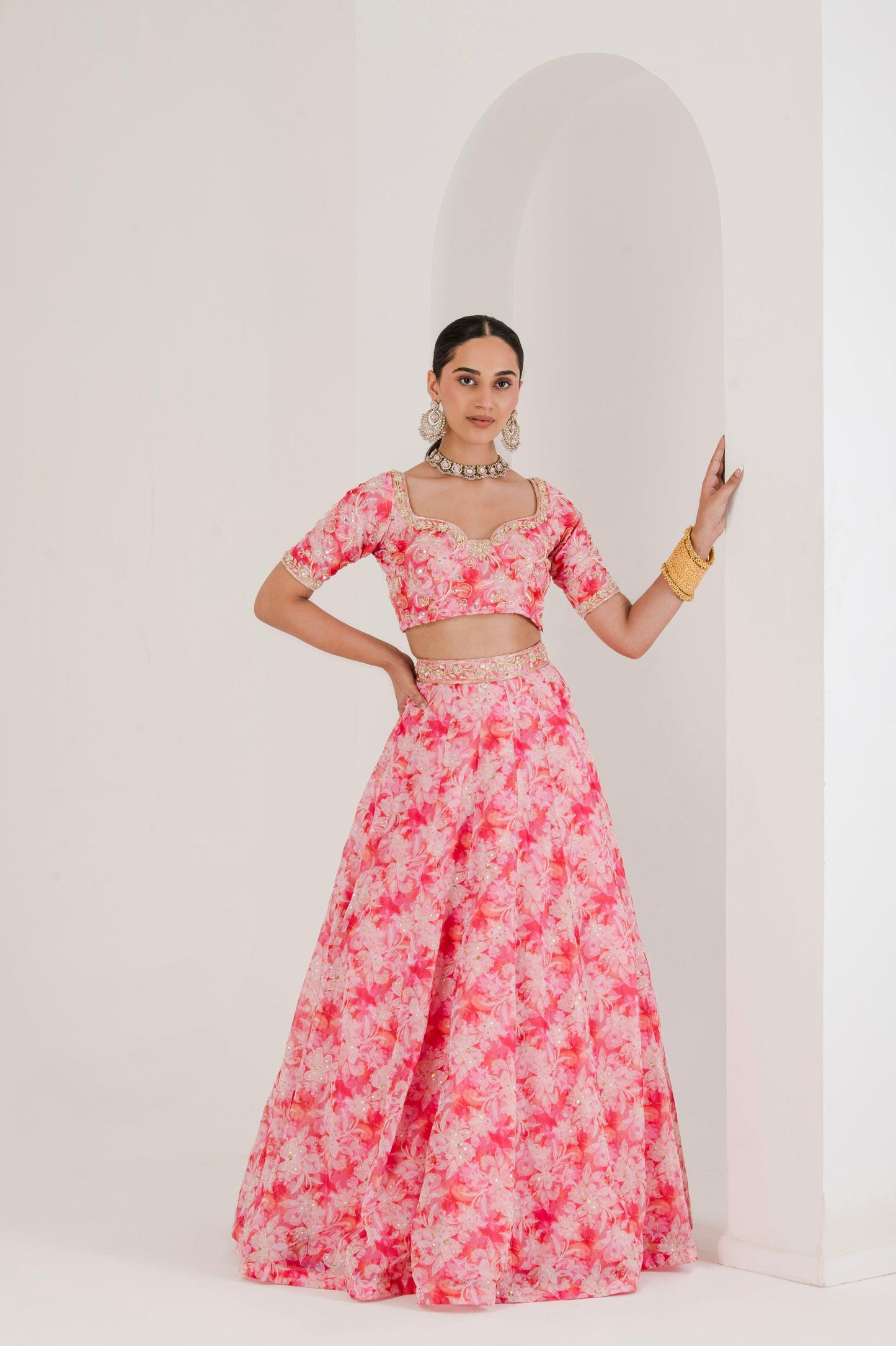 Designer Pink Floral Print Hand Embroidered Lehenga Set for women front pose
