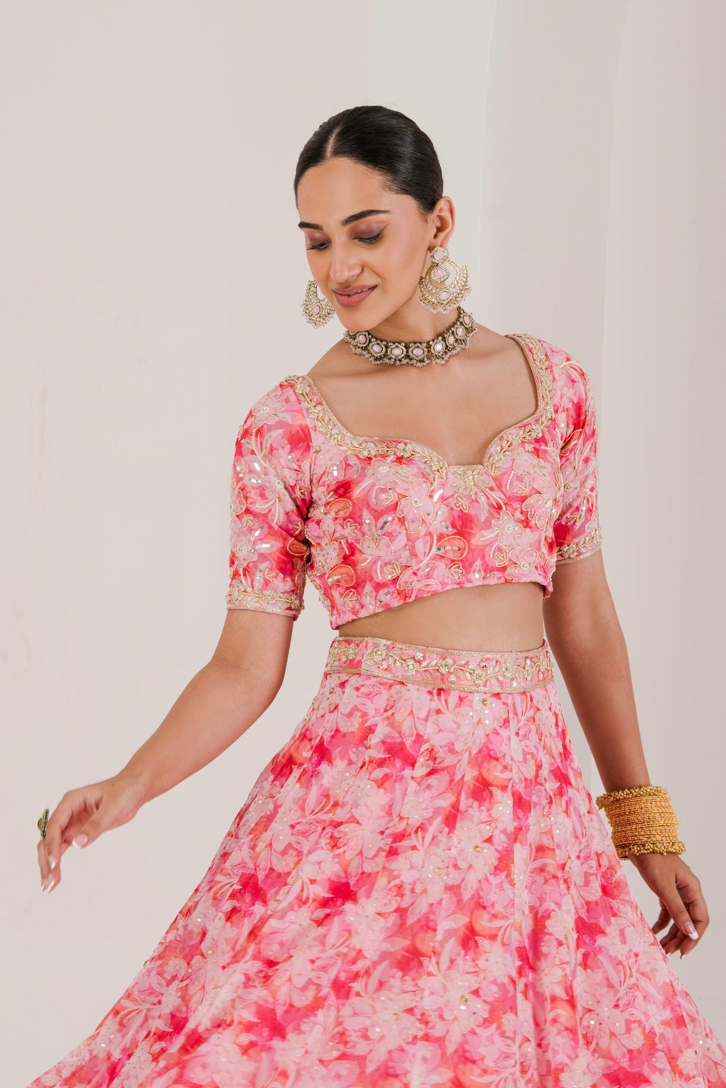 Designer Pink Floral Print Hand Embroidered Lehenga Set for women front view