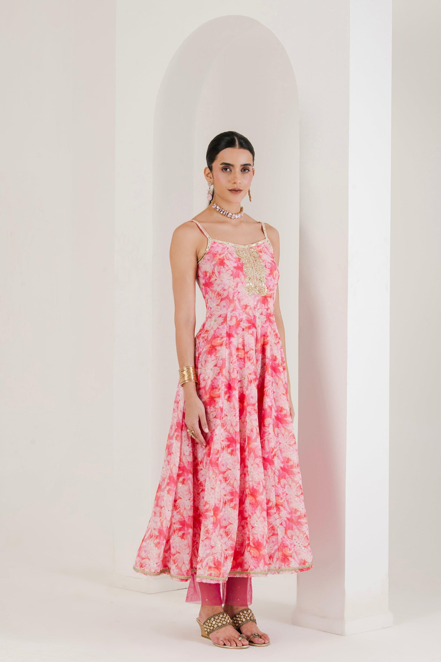 Designer Pink  Hand Embroidered Anarkali side view