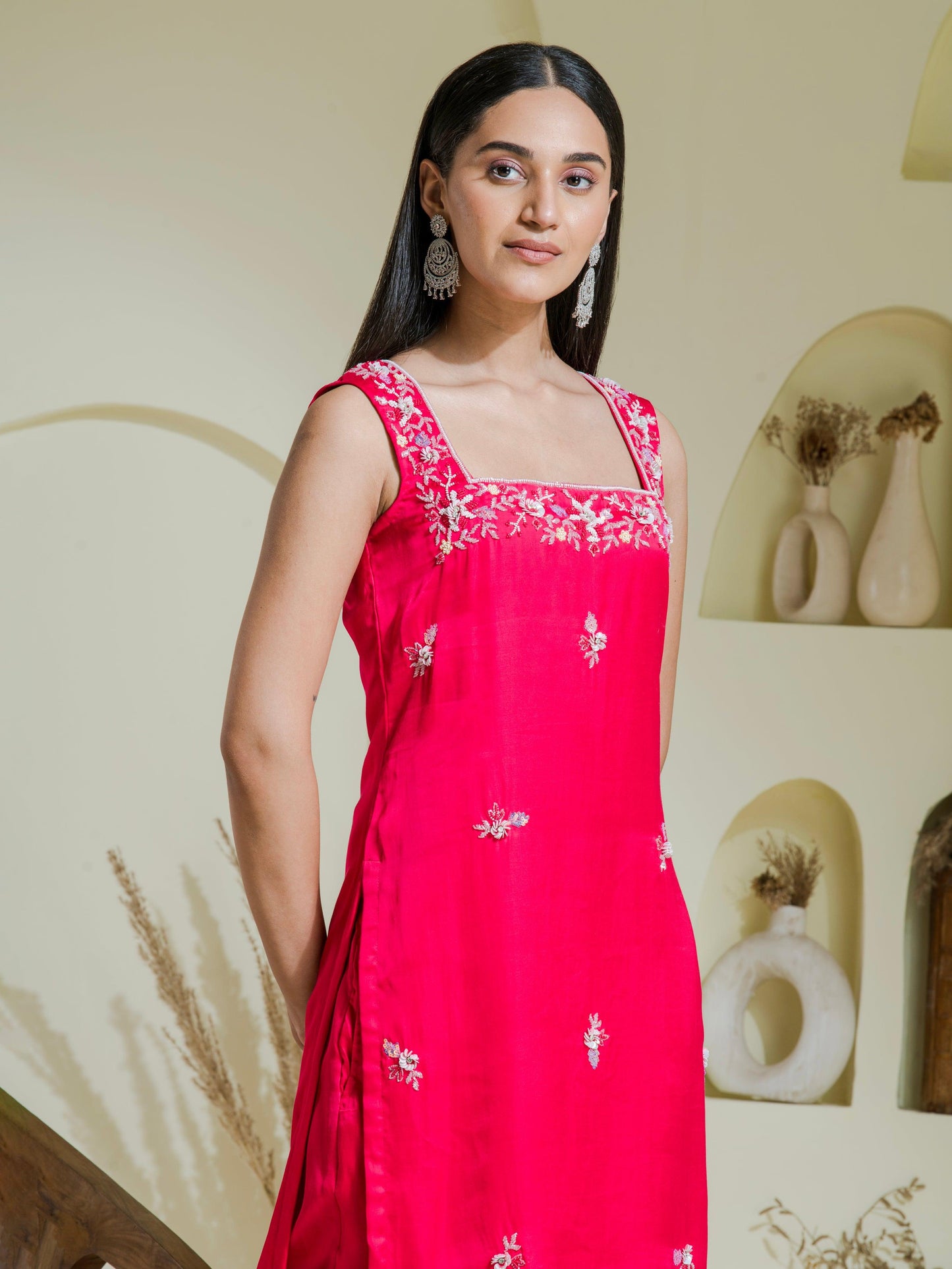 Designer Ruby Pink Hand Embroidered Kurta Set