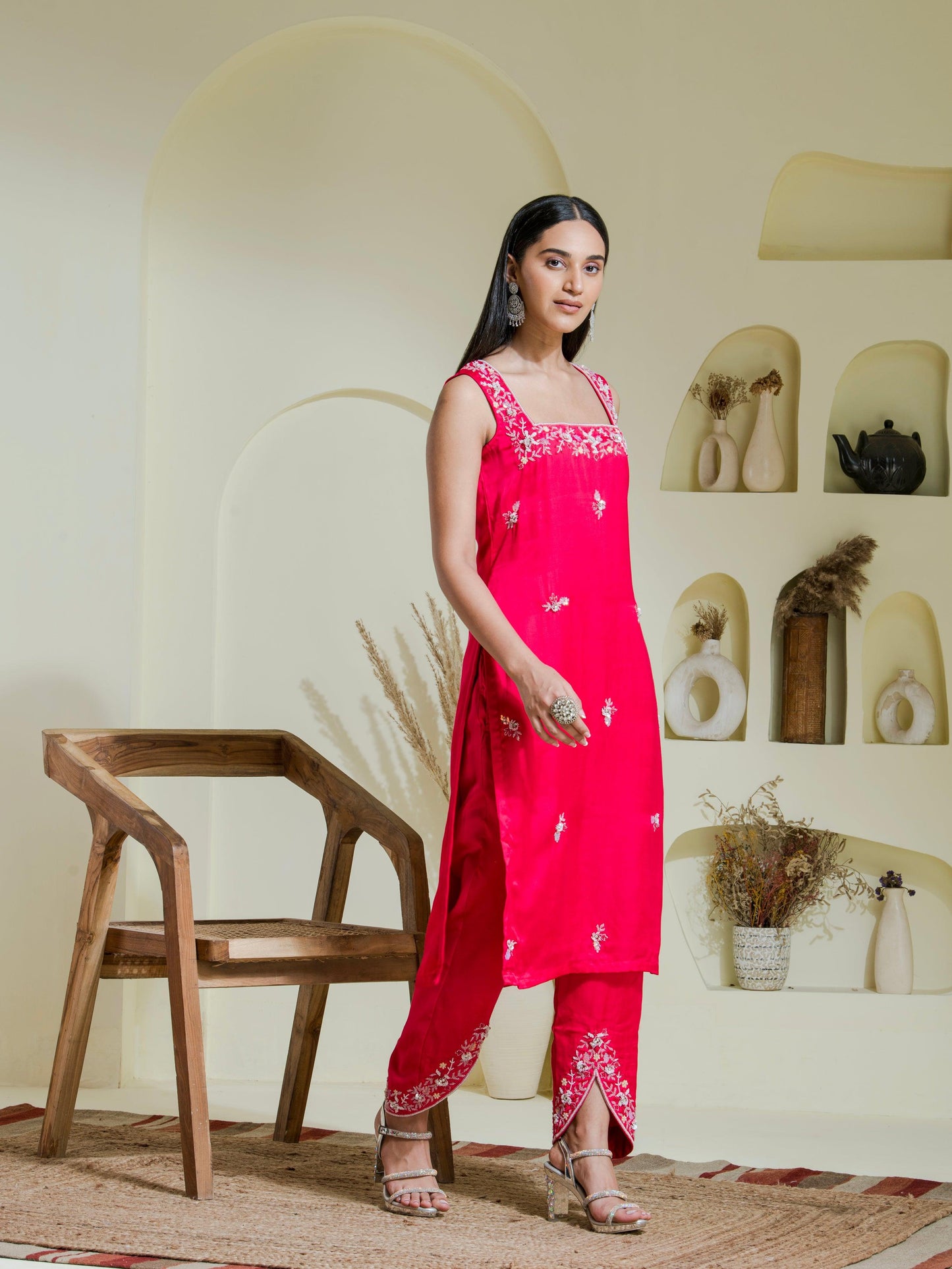 Designer Ruby Pink Hand Embroidered Kurta Set front pose