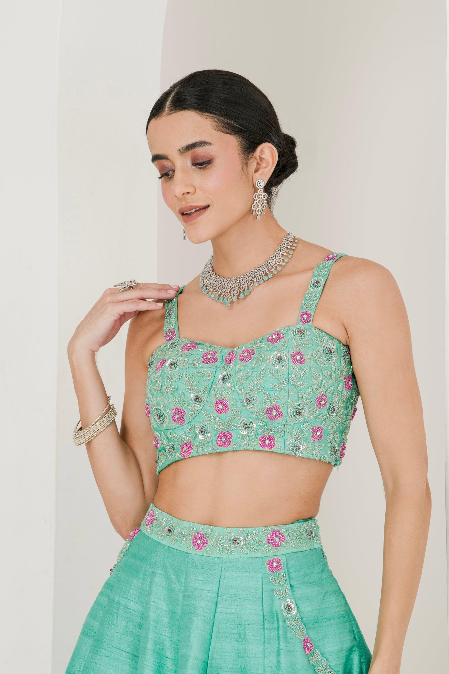 Designer Sea Green & Ruby Pink Hand Embroidered Raw Silk Lehenga for women