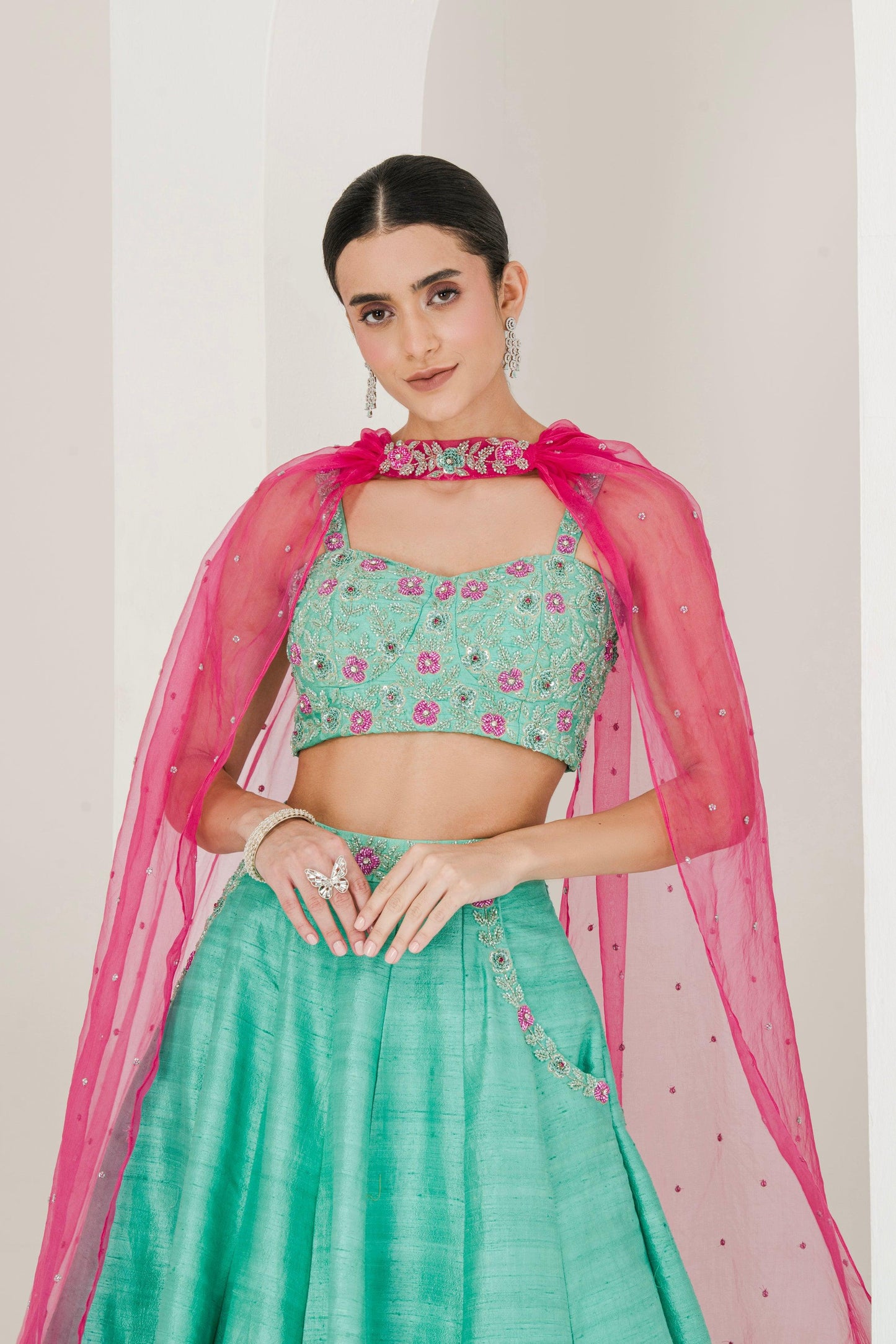 Designer Sea Green & Ruby Pink Hand Embroidered Raw Silk Lehenga for women front-view