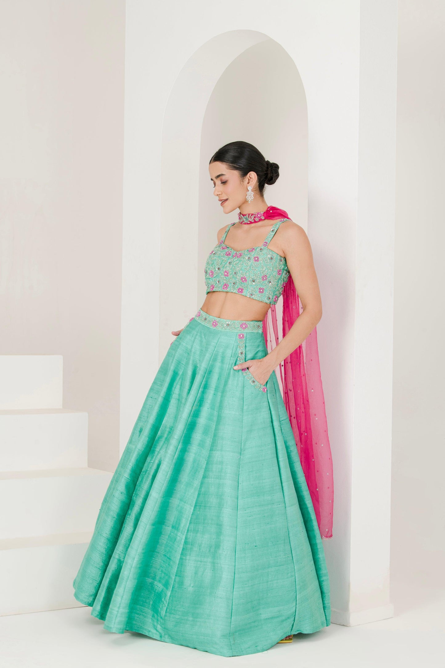 Designer Sea Green & Ruby Pink Hand Embroidered Raw Silk Lehenga for women side-view