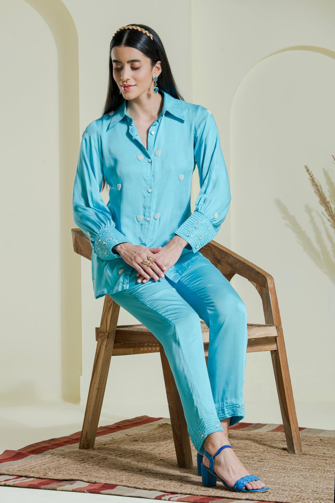 Designer Sky Blue Embroidered Cotton Shirt