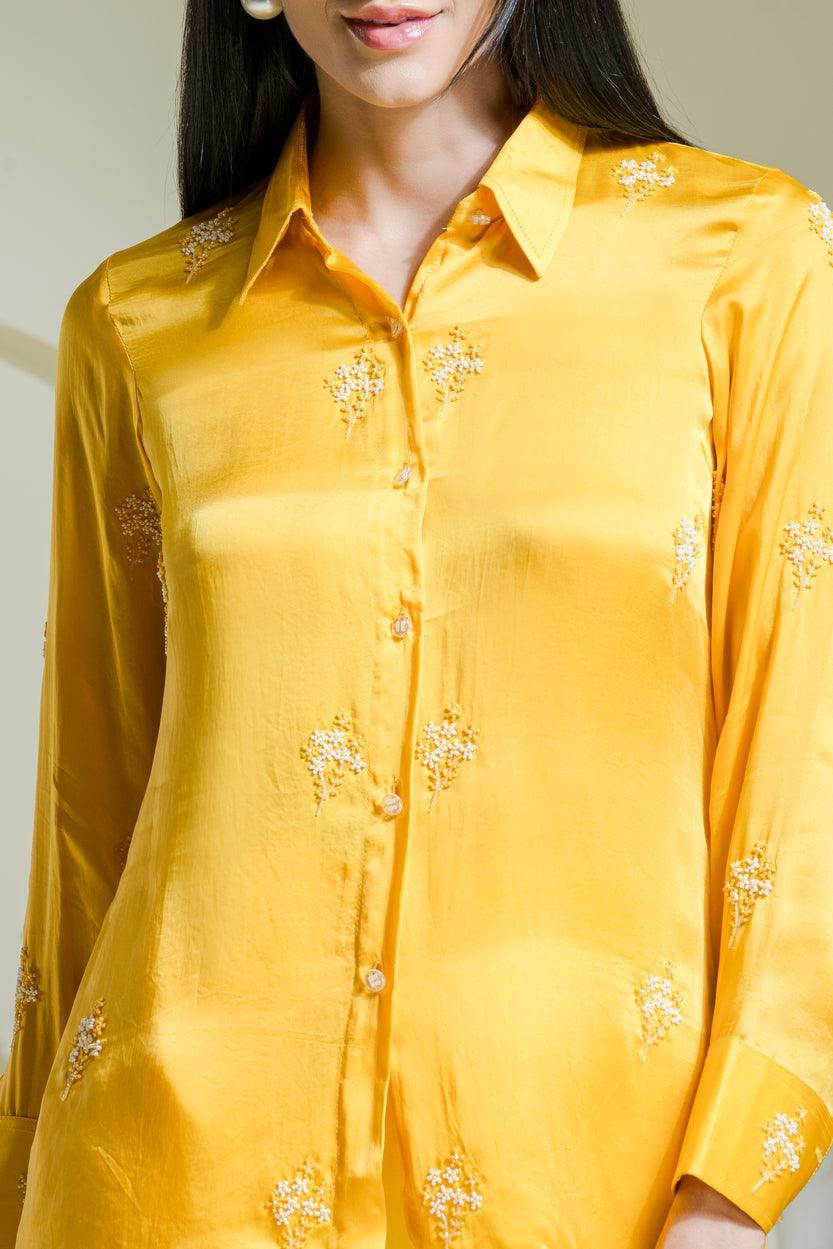 Designer Sunshine_Yellow_Hand_Embroidered_Satin_Shirt
