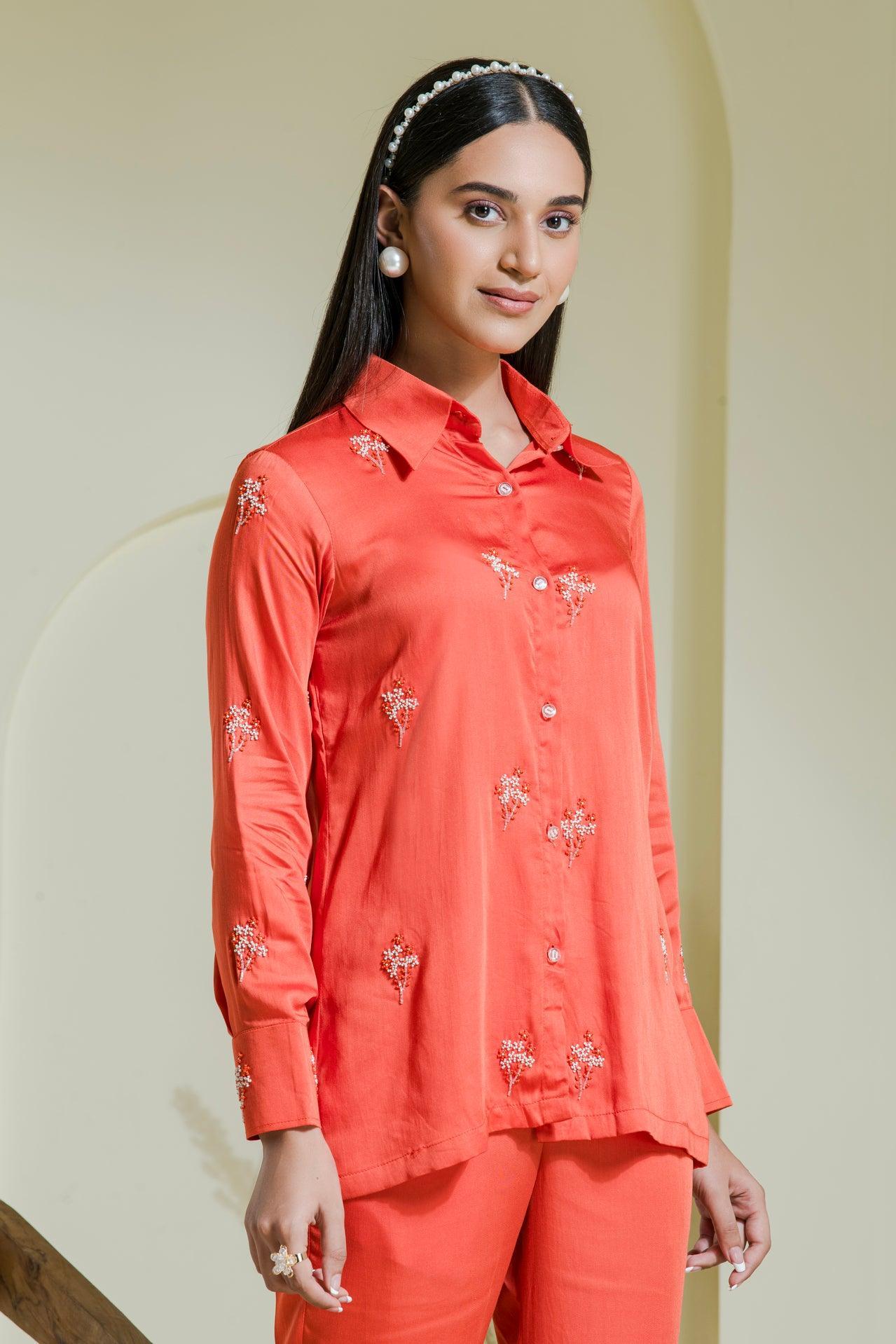 Designer Vivid Orange Embroidered Satin Co-ord for women front side