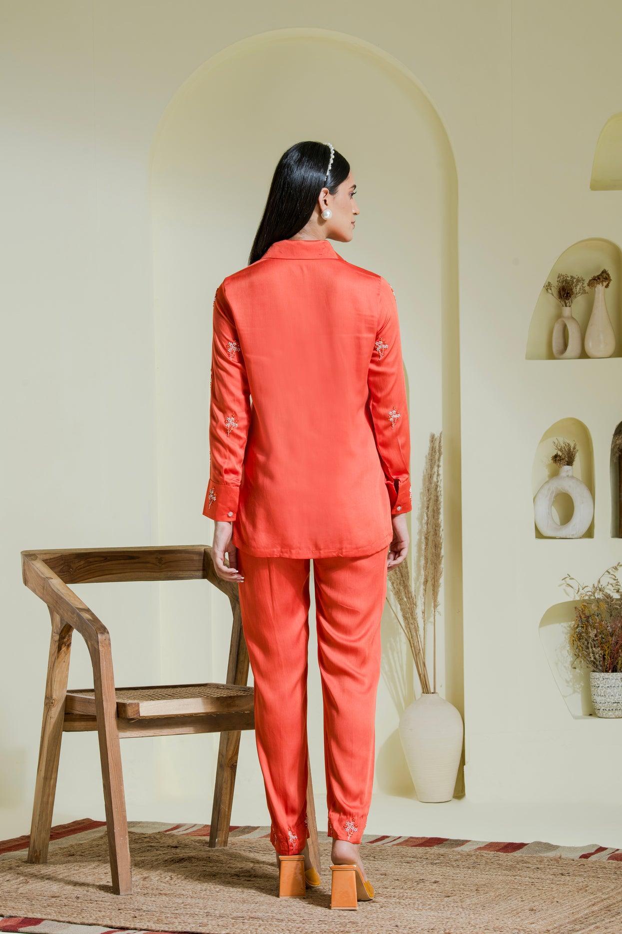 Designer Vivid_Orange_Hand_Embroidered_Satin_Shirt back view