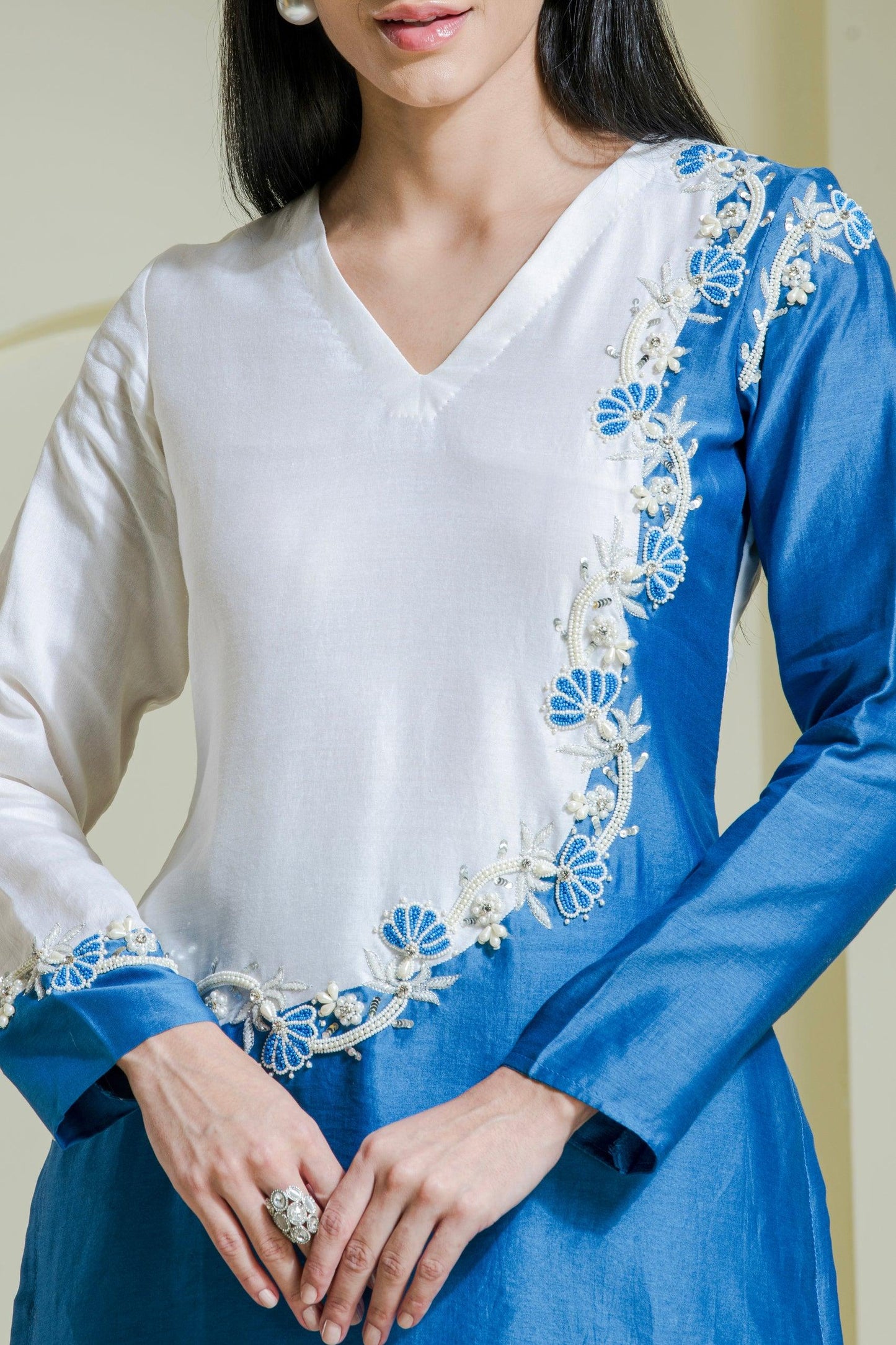 Designer White & Blue Hand Embroidered Chanderi Kurta Set