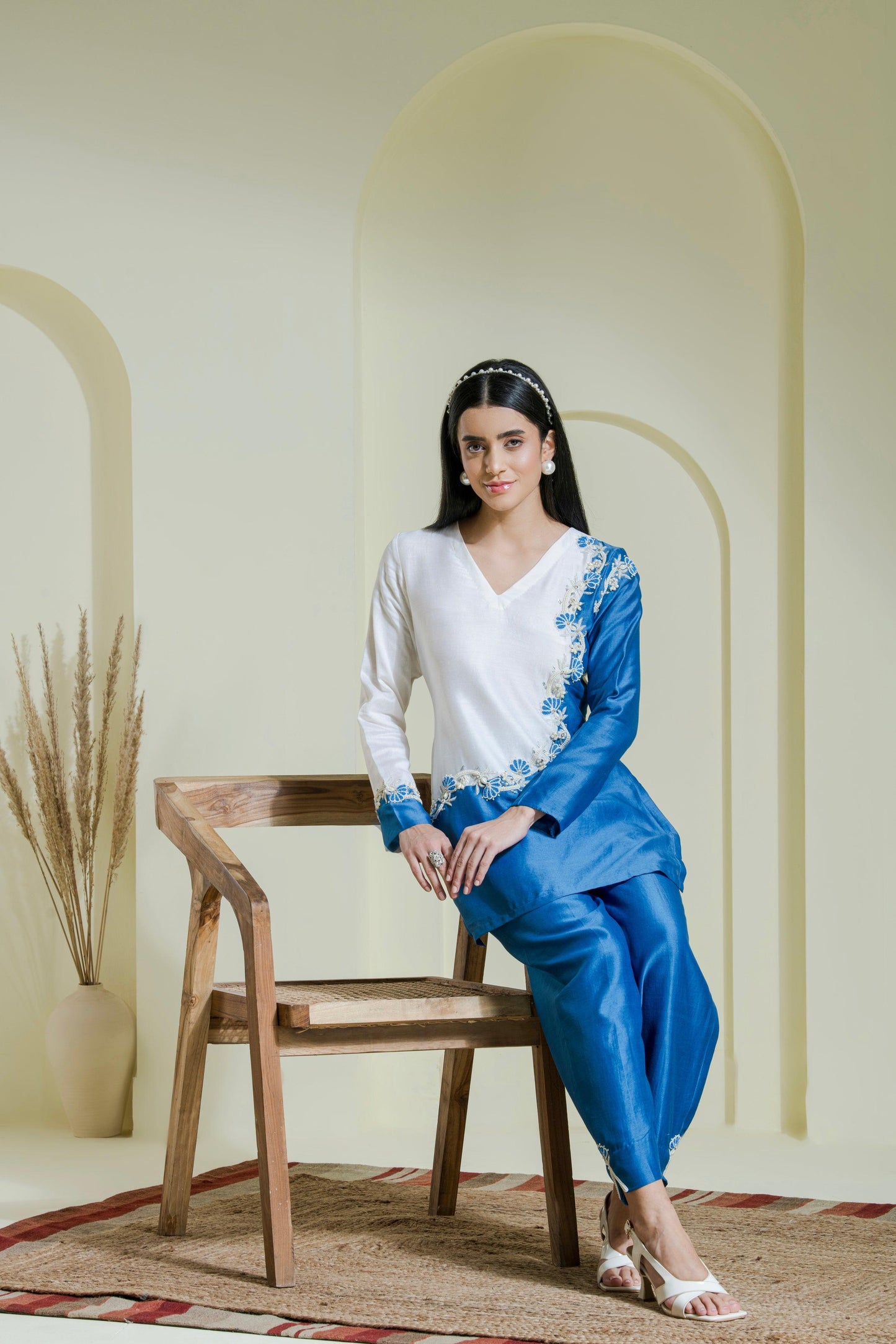 Designer White & Blue Hand Embroidered Chanderi Kurta Set Front view