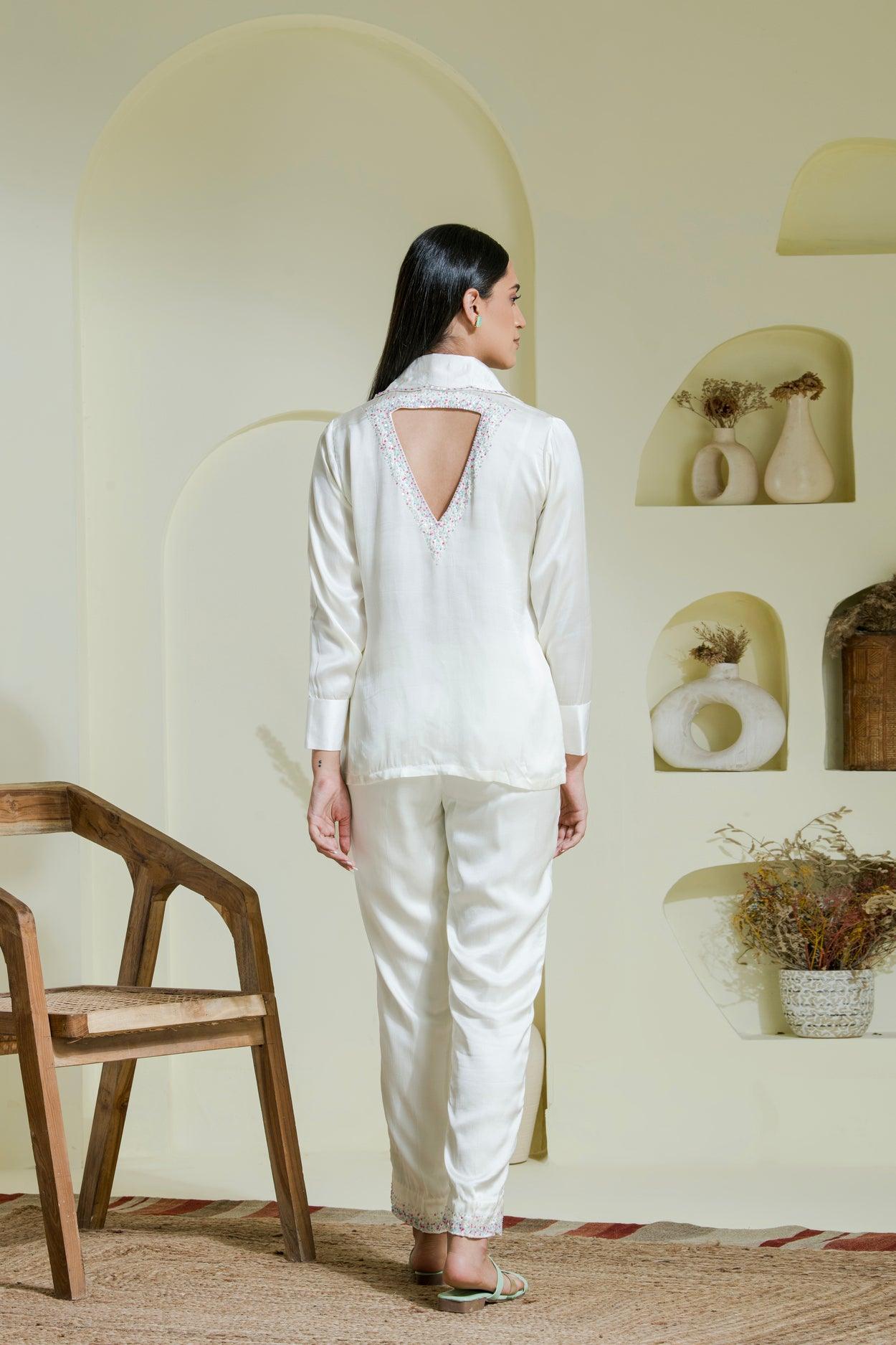 Designer White Multi Coloured Hand Embroidered Satin Shirt back view