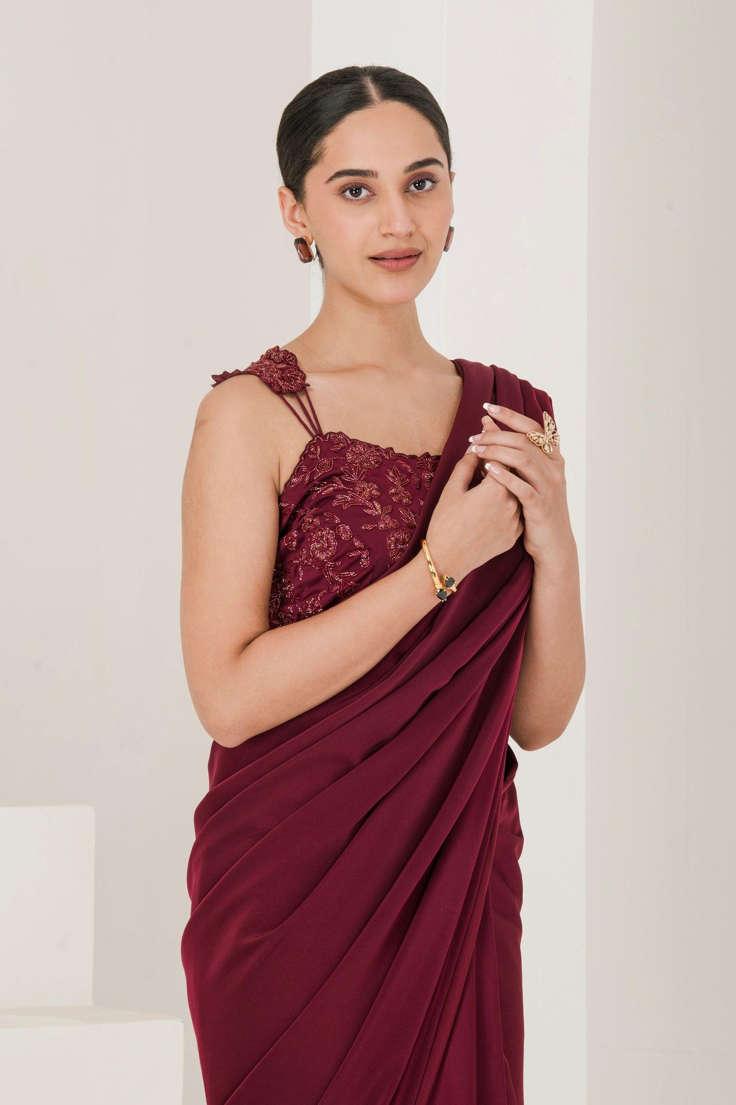 Designer Wine Hand Embroidered Pre Stitched Saree ( Set of 2 )