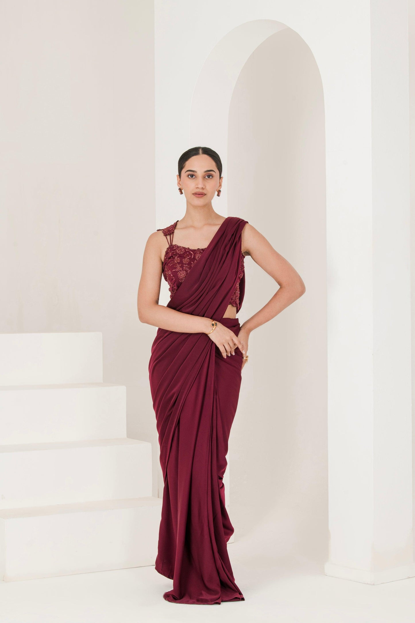 Designer Wine Hand Embroidered Pre Stitched Saree ( Set of 2 ) front view