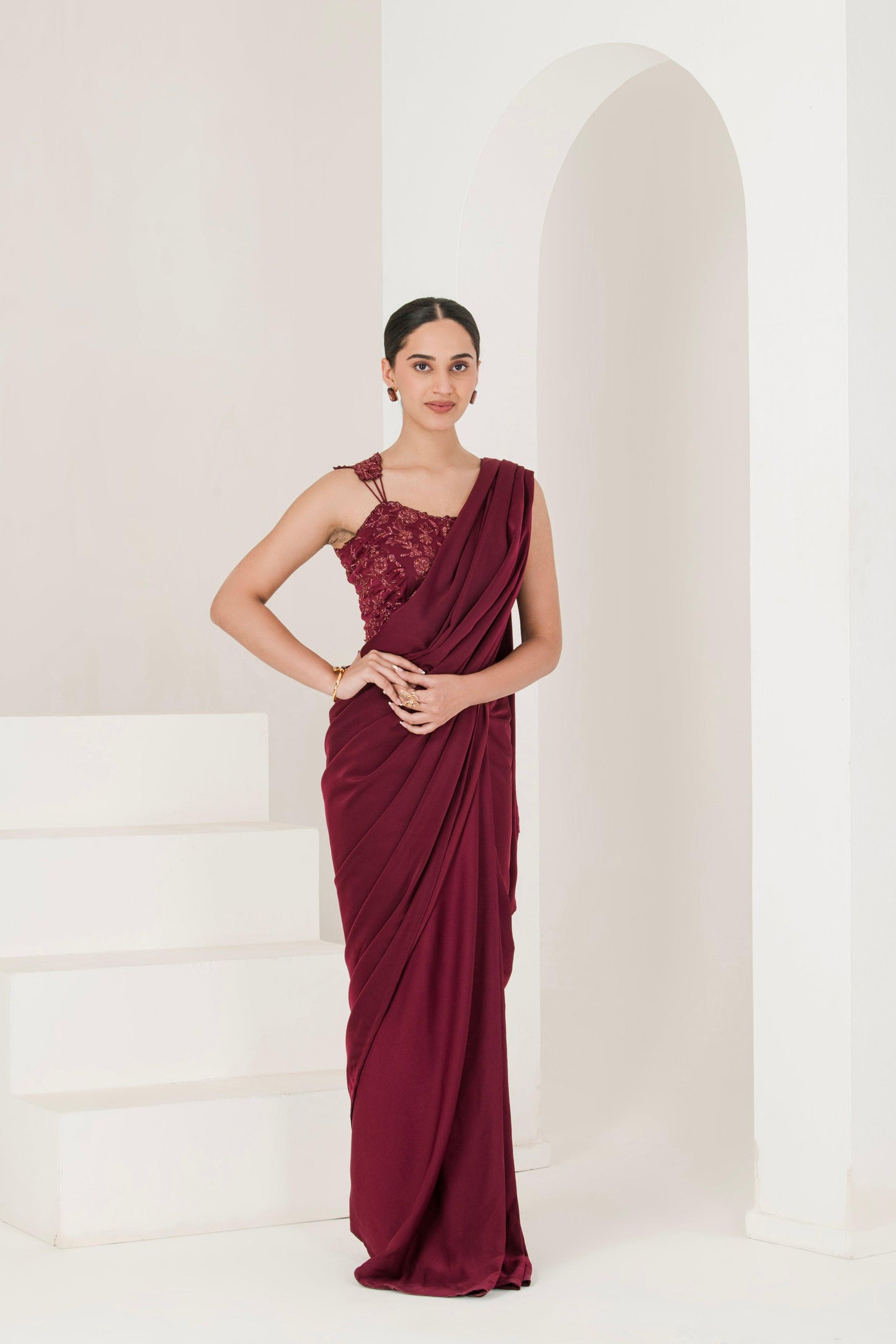 Designer Wine Hand Embroidered Pre Stitched Saree ( Set of 2 ) side view