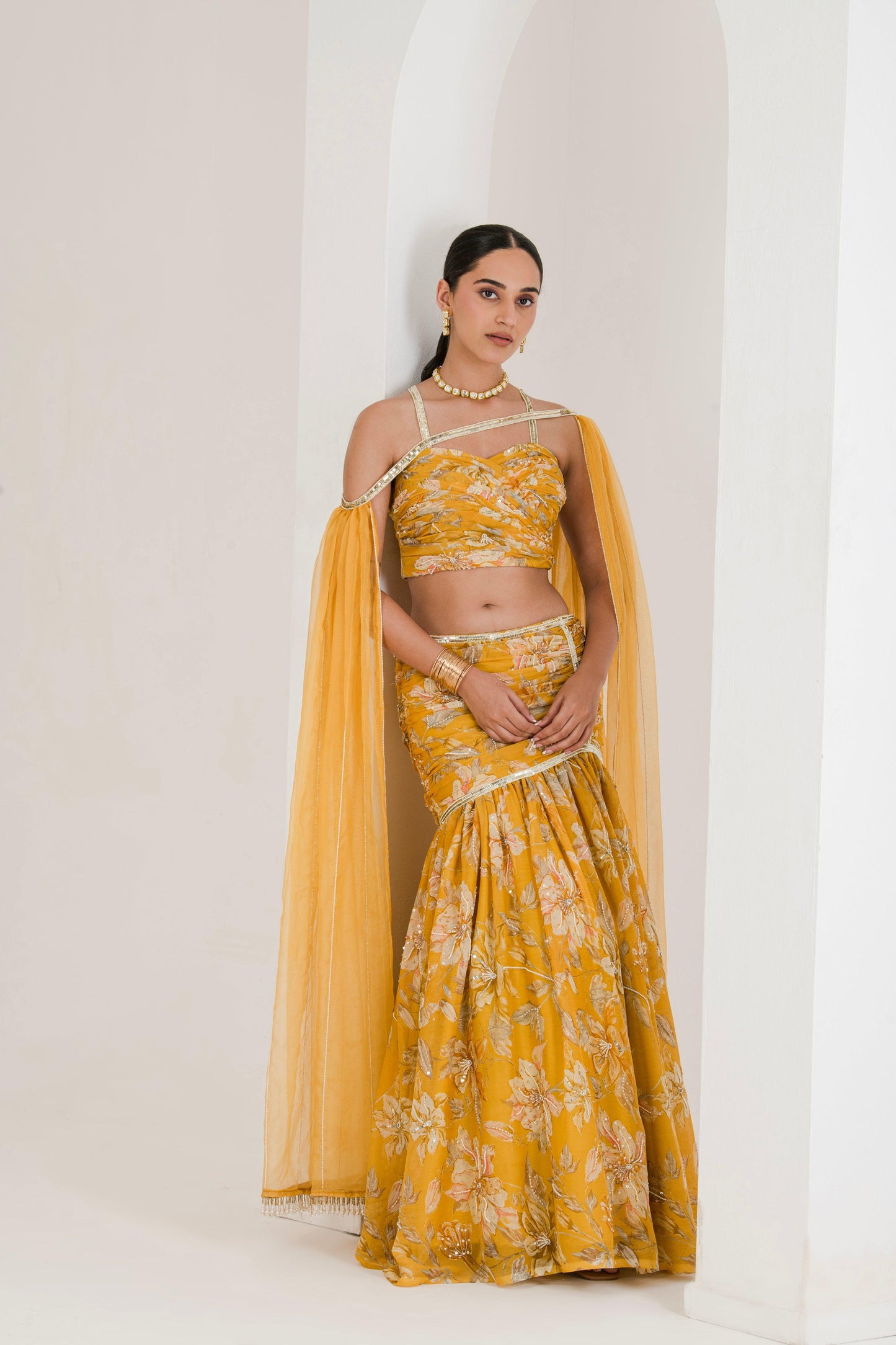 Designer Yellow Floral Print Draped Lehenga for women frontpose