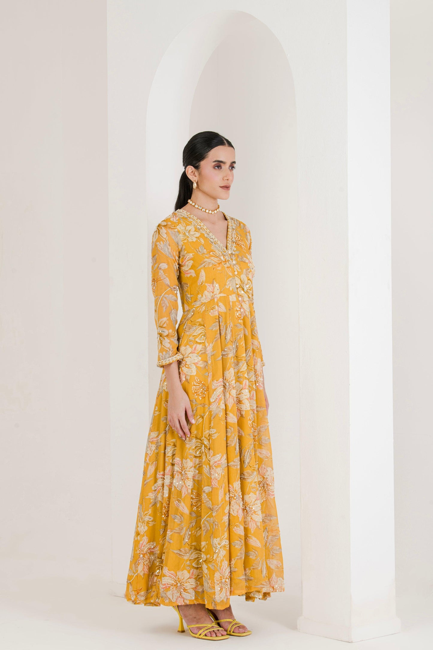 Designer Yellow Floral Print Hand Embroidered Anarkali right view