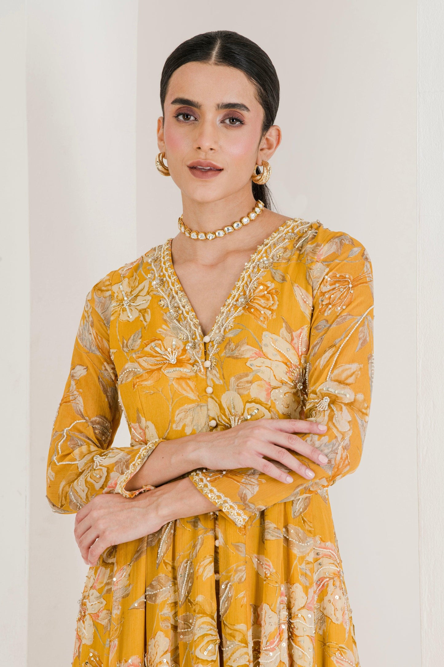 Designer Yellow Floral Print Hand Embroidered Anarkali side view