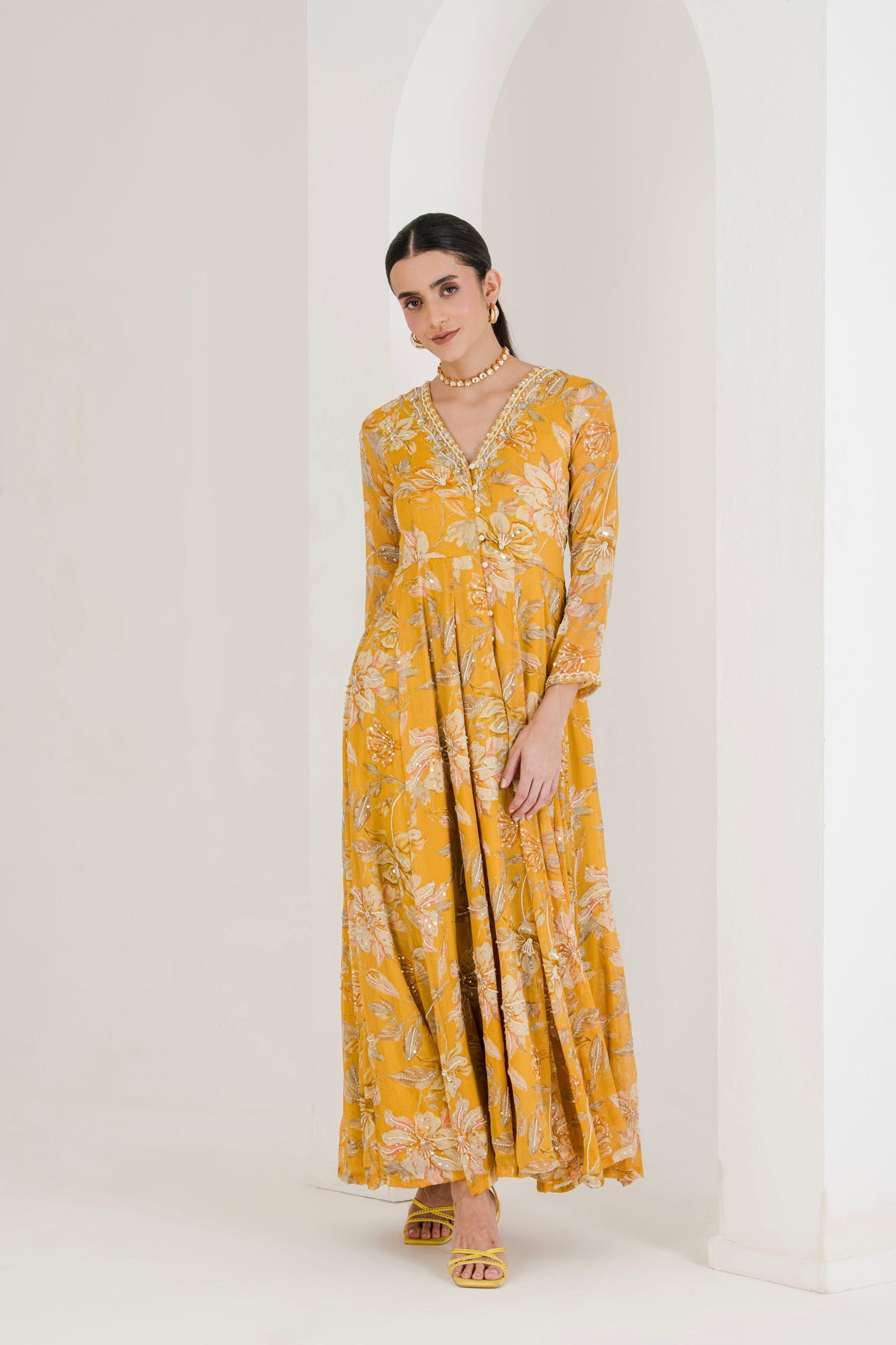 Designer Yellow Hand Embroidered Anarkali right view