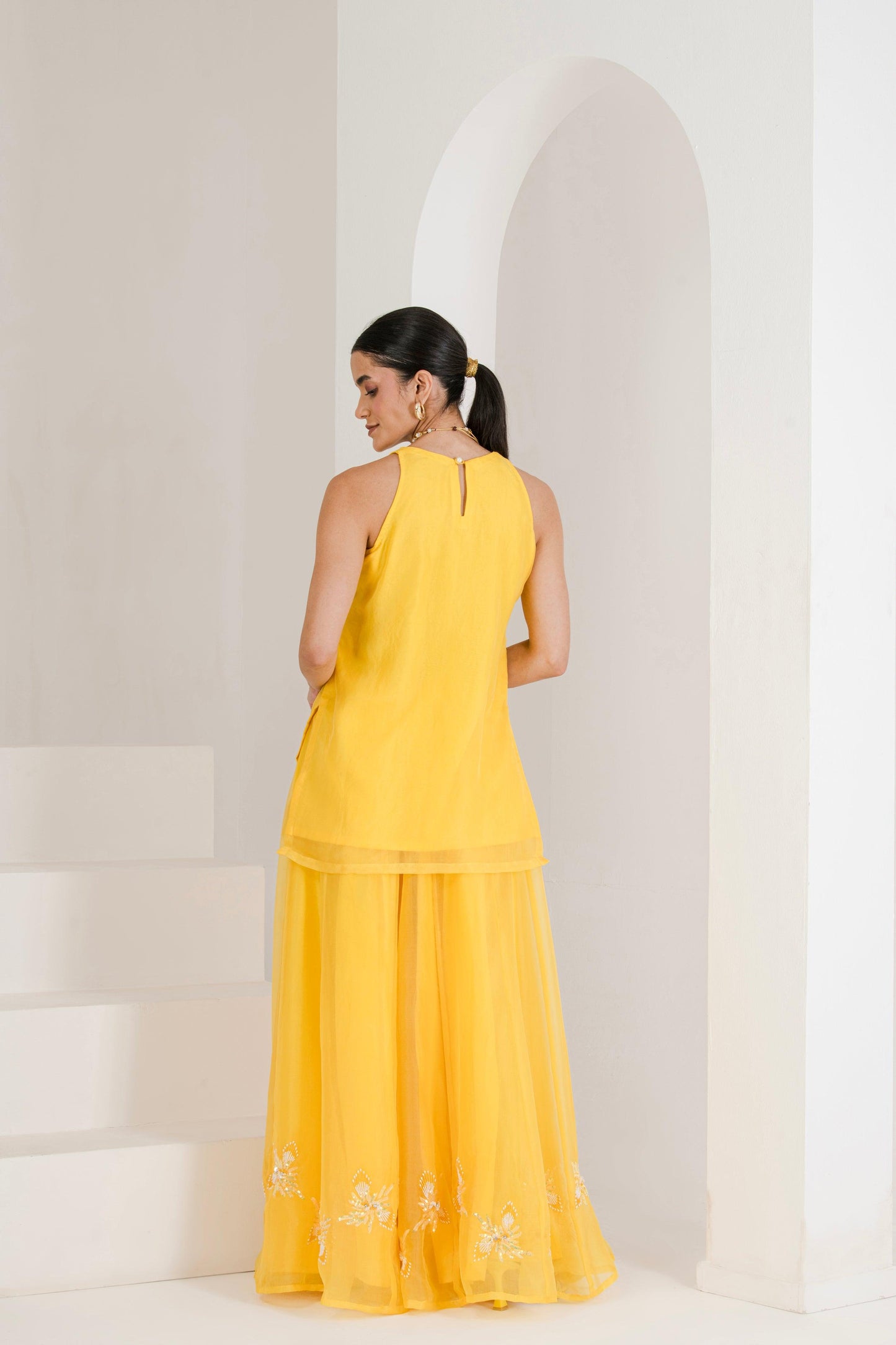 Designer Yellow Hand Embroidered lehenga backview