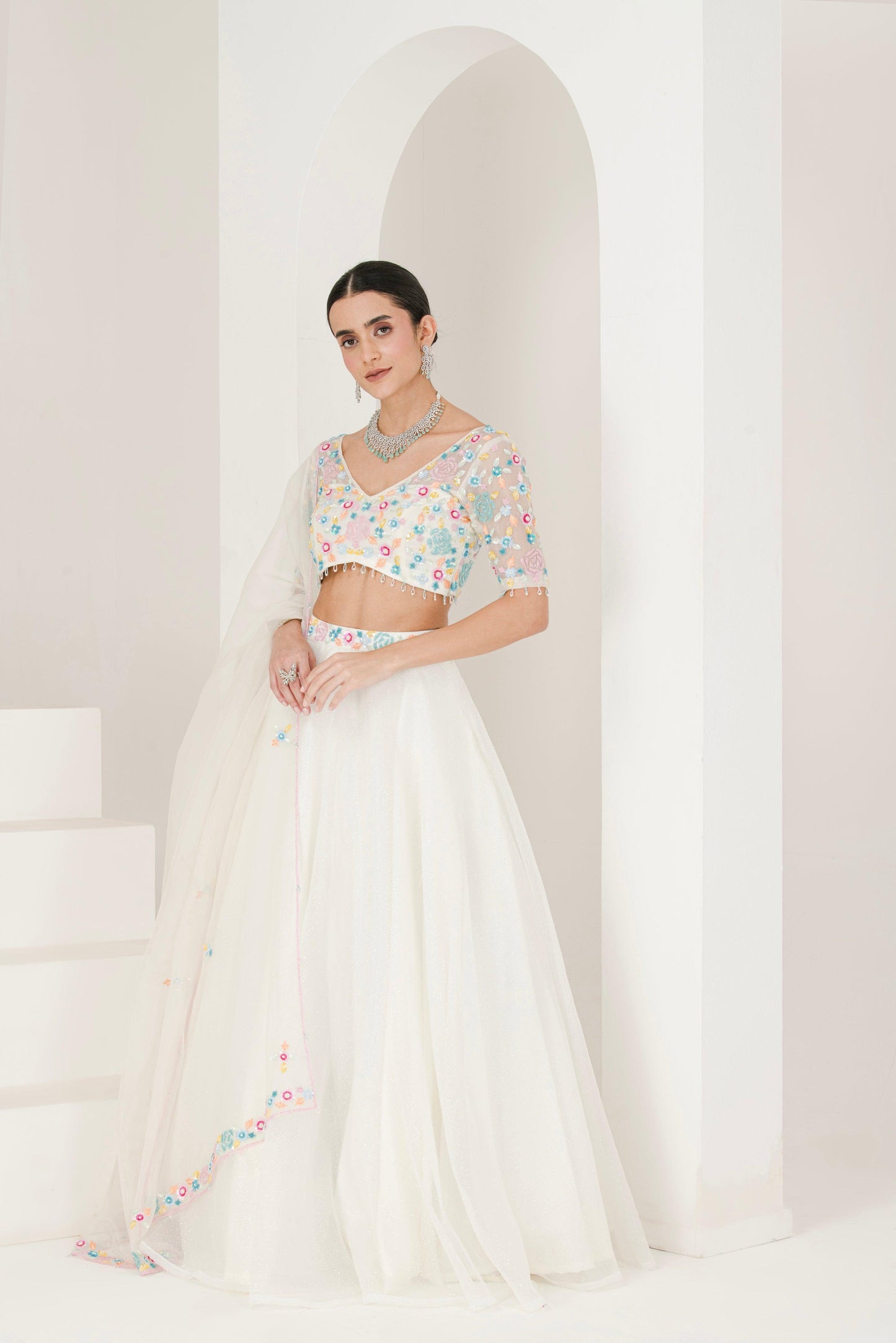 Dessigner White Floral Hand Embroidered Organza Lehenga set for women