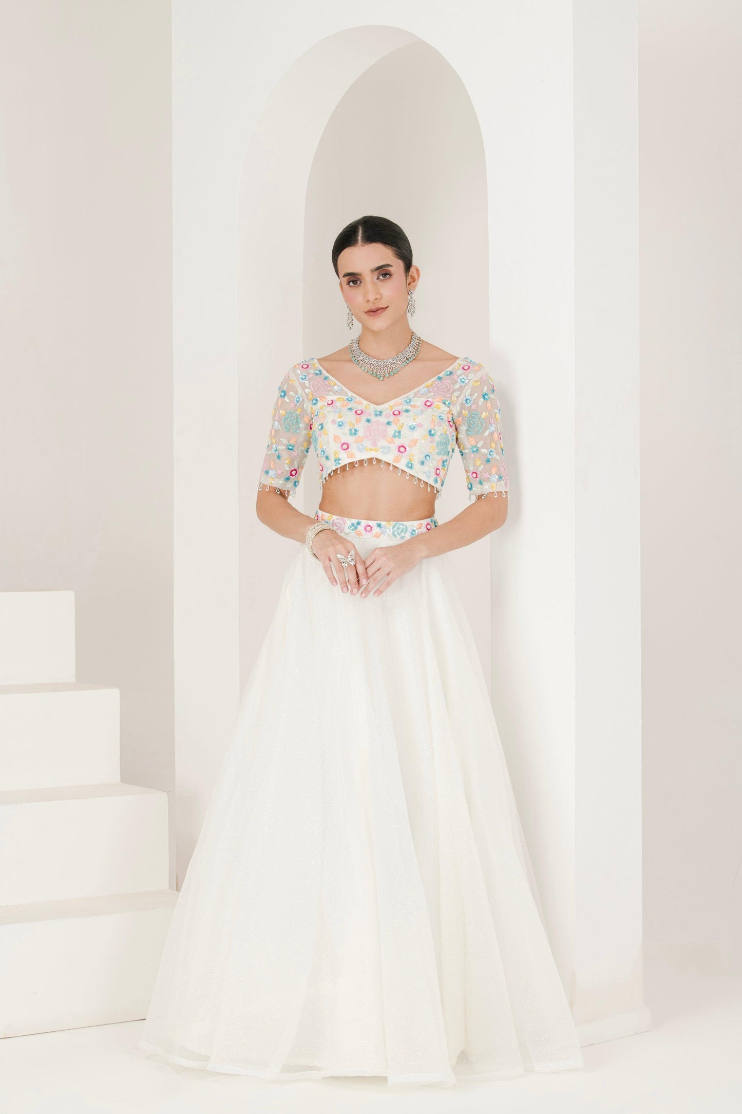 Dessigner White Floral Hand Embroidered Organza Lehenga set for women front view
