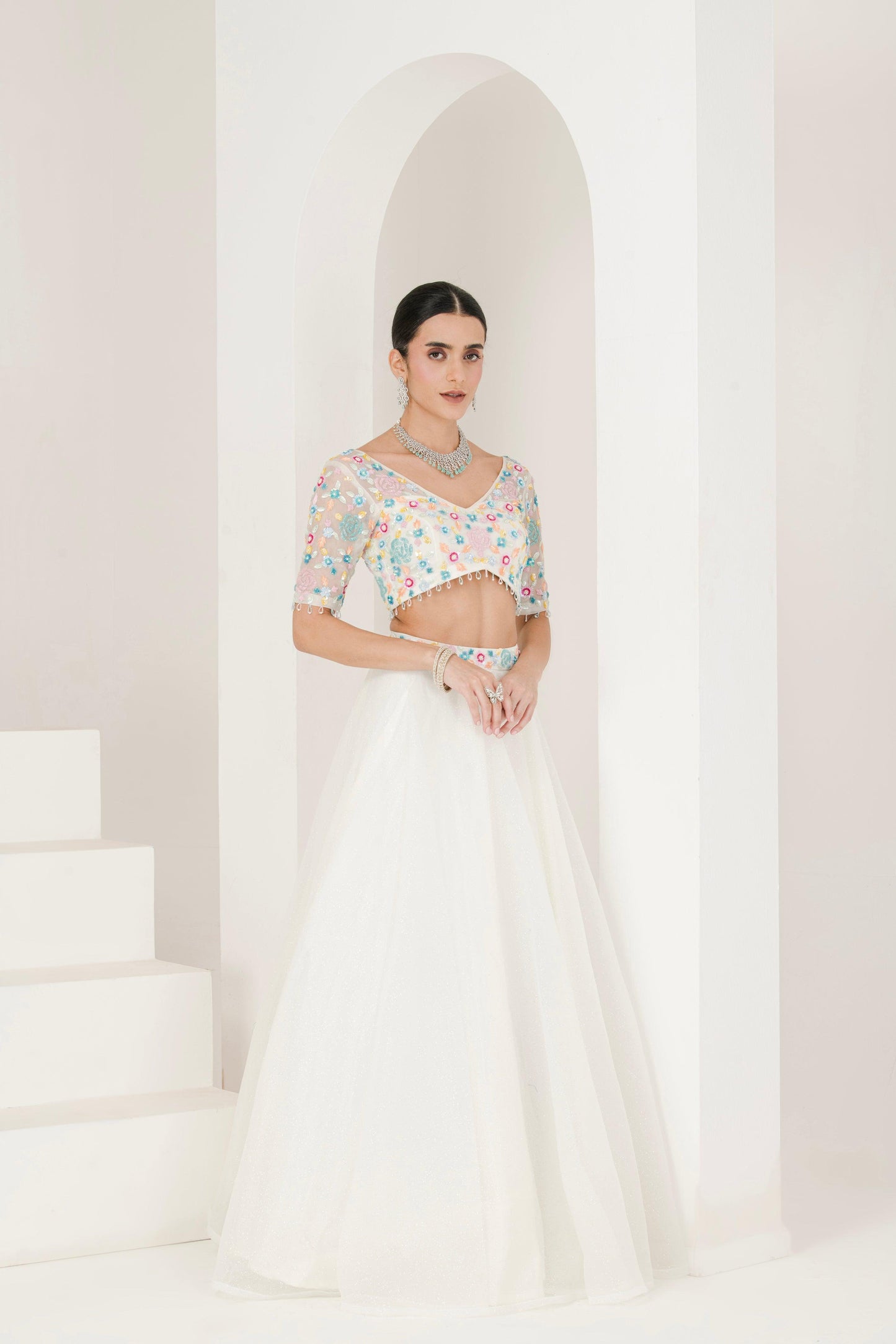 Dessigner White Floral Hand Embroidered Organza Lehenga set for women side view