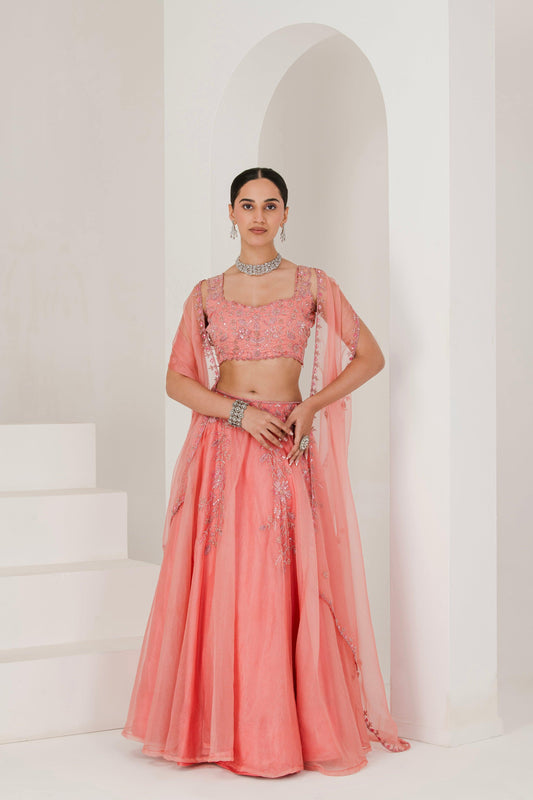 Dusty Pink Hand Embroidered Organza Lehenga for women