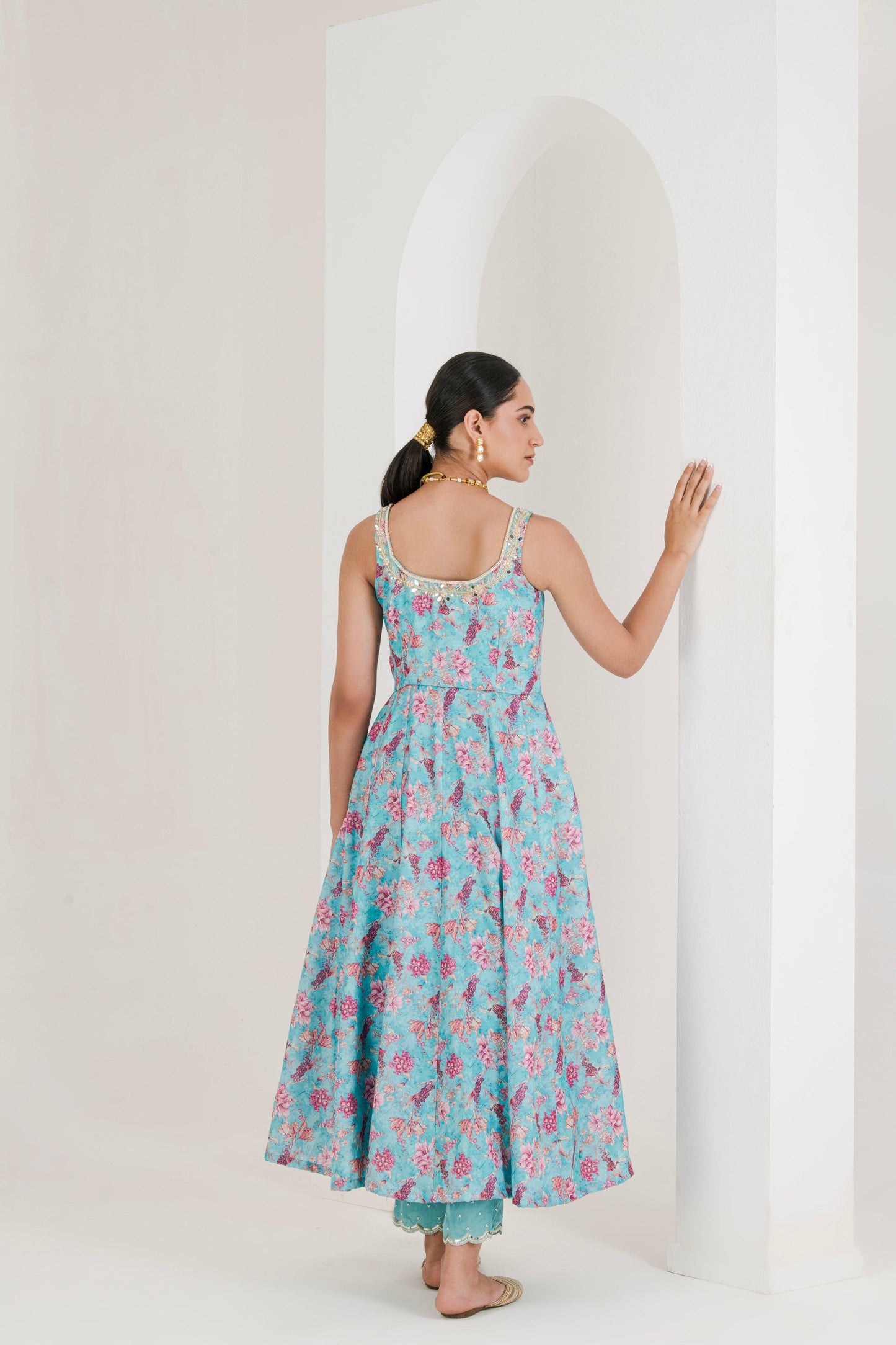 Blue Printed Hand Embroidered Anarkali (Set of 3)