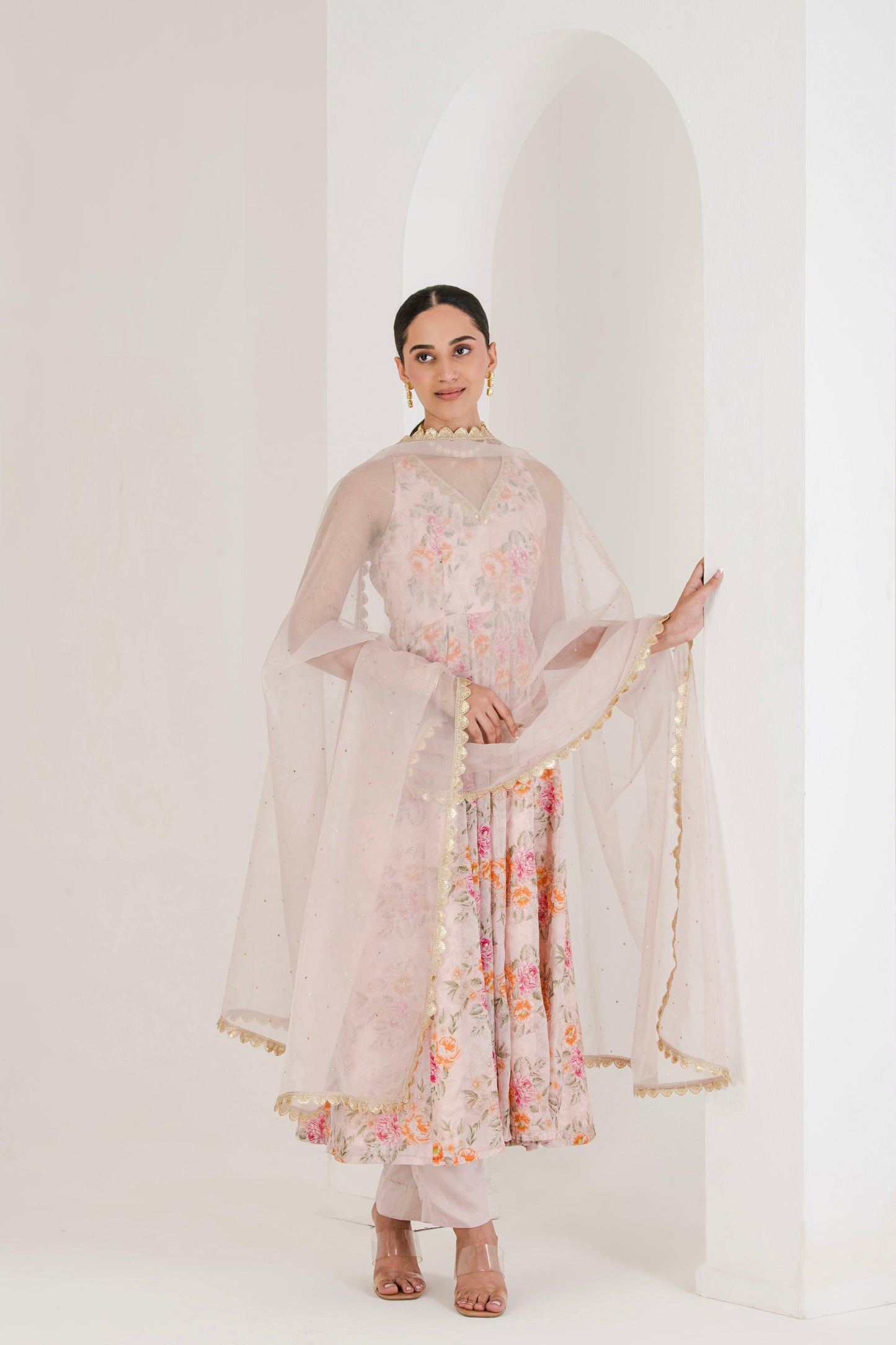 Blush Pink Floral Print Anarkali (Set of 3)