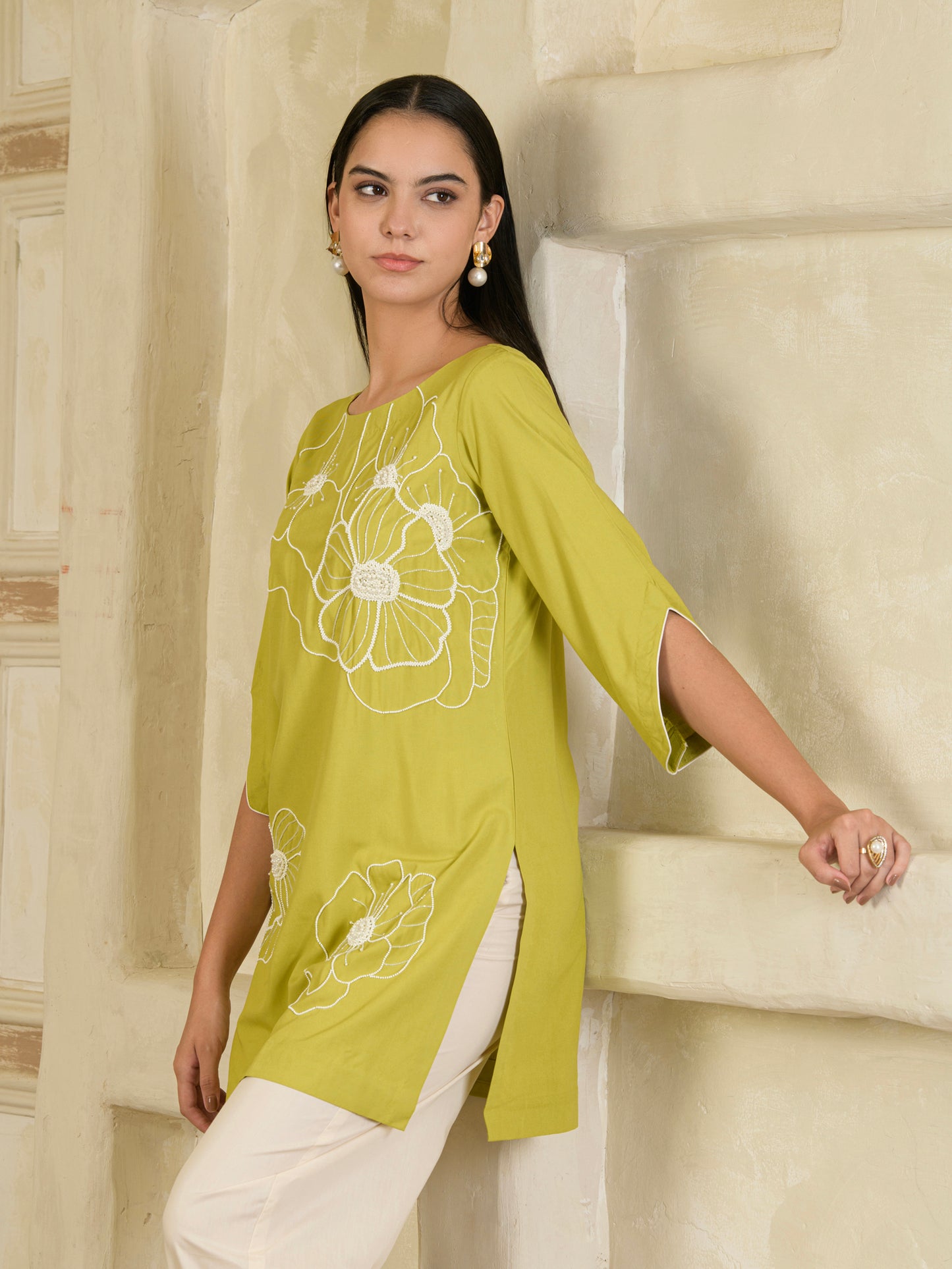 Green & Beige Hand Embroidered Co-ord ( Set of 2 )