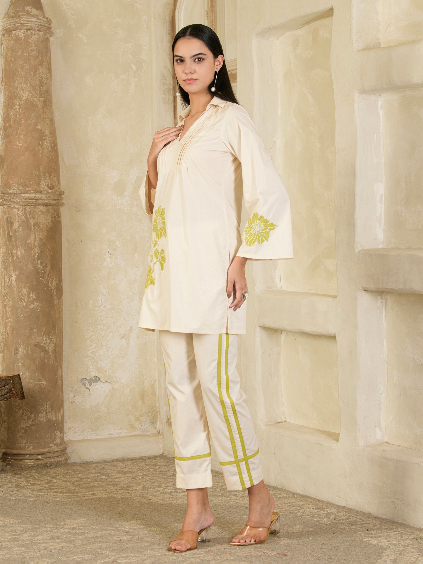 Beige & Green Hand Embroidered Co-ord ( Set of 2 )