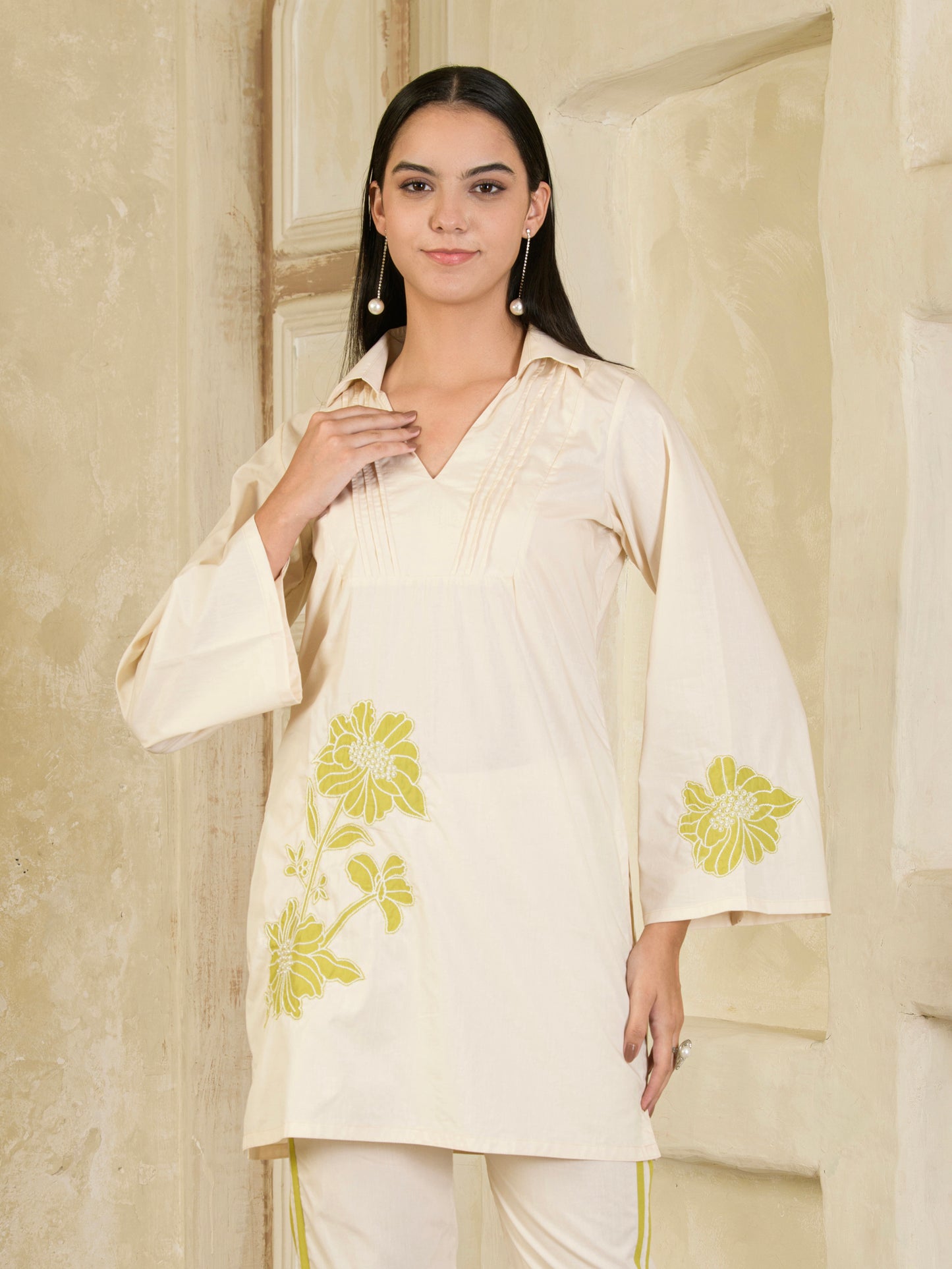 Beige & Green Hand Embroidered Co-ord ( Set of 2 )