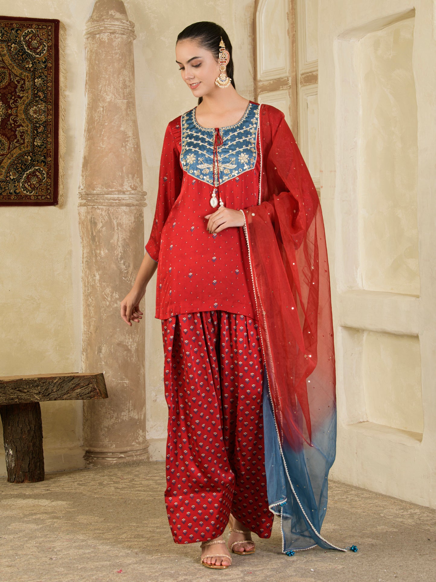 Maroon Print with Hand Embroidery Farsi Salwar Kurta set ( set of 3)