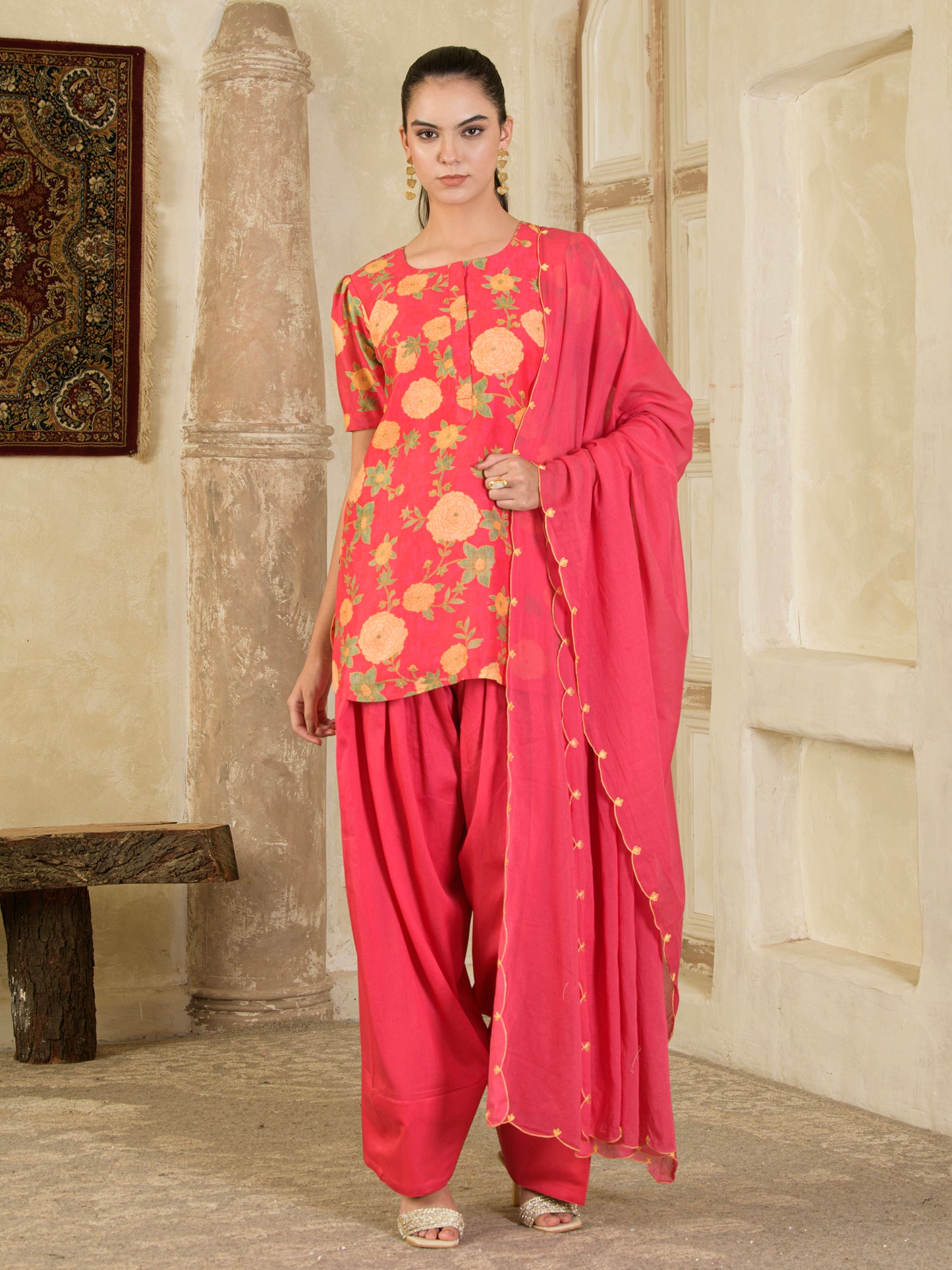 Pink Printed Farsi Salwar Kurta Set ( set of 3 )