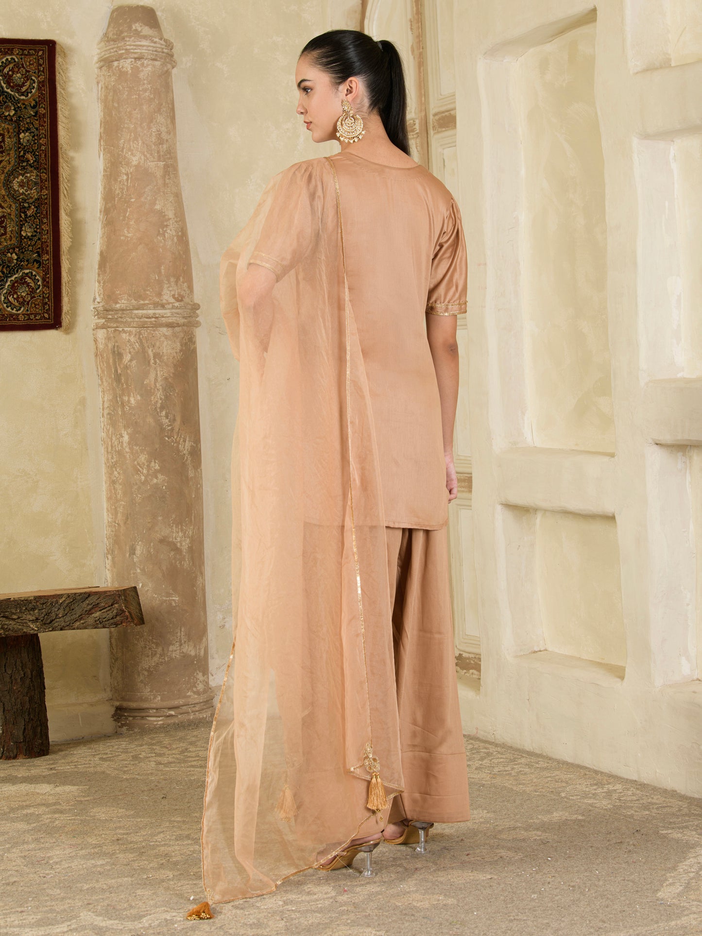 Gold Hand Embroidered Farsi Salwar Kurta Set ( set of 3 )