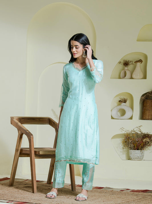 Mint Green Hand Embroidered Chanderi Kurta Set