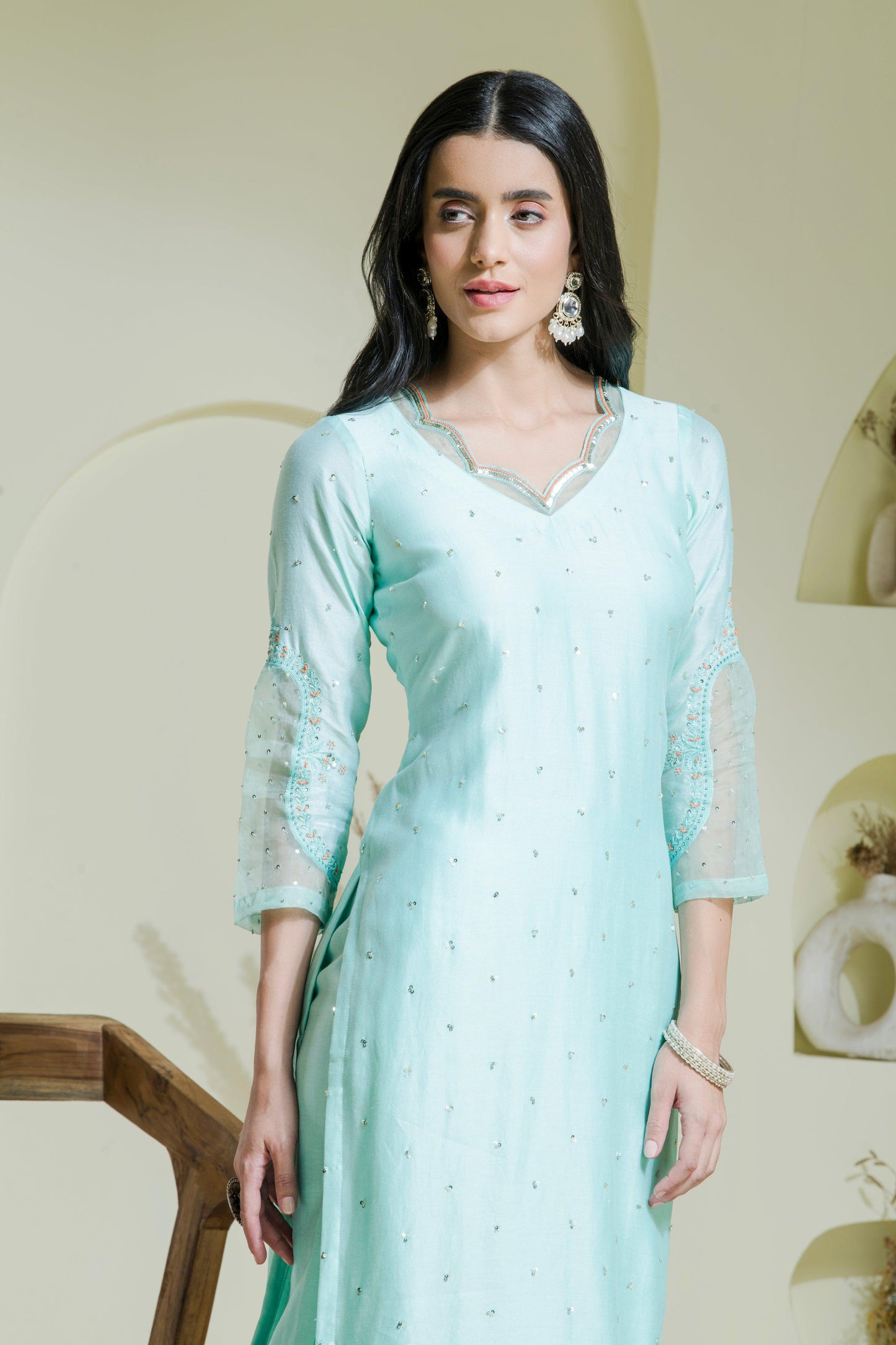 Mint Green Hand Embroidered Chanderi Kurta Set Front side